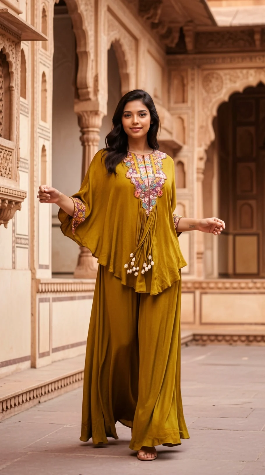 Chinon Kurta Set with Embroidery, Sequin Detailing and Coordinated Bottoms from Golden Muslin By Satya JB
