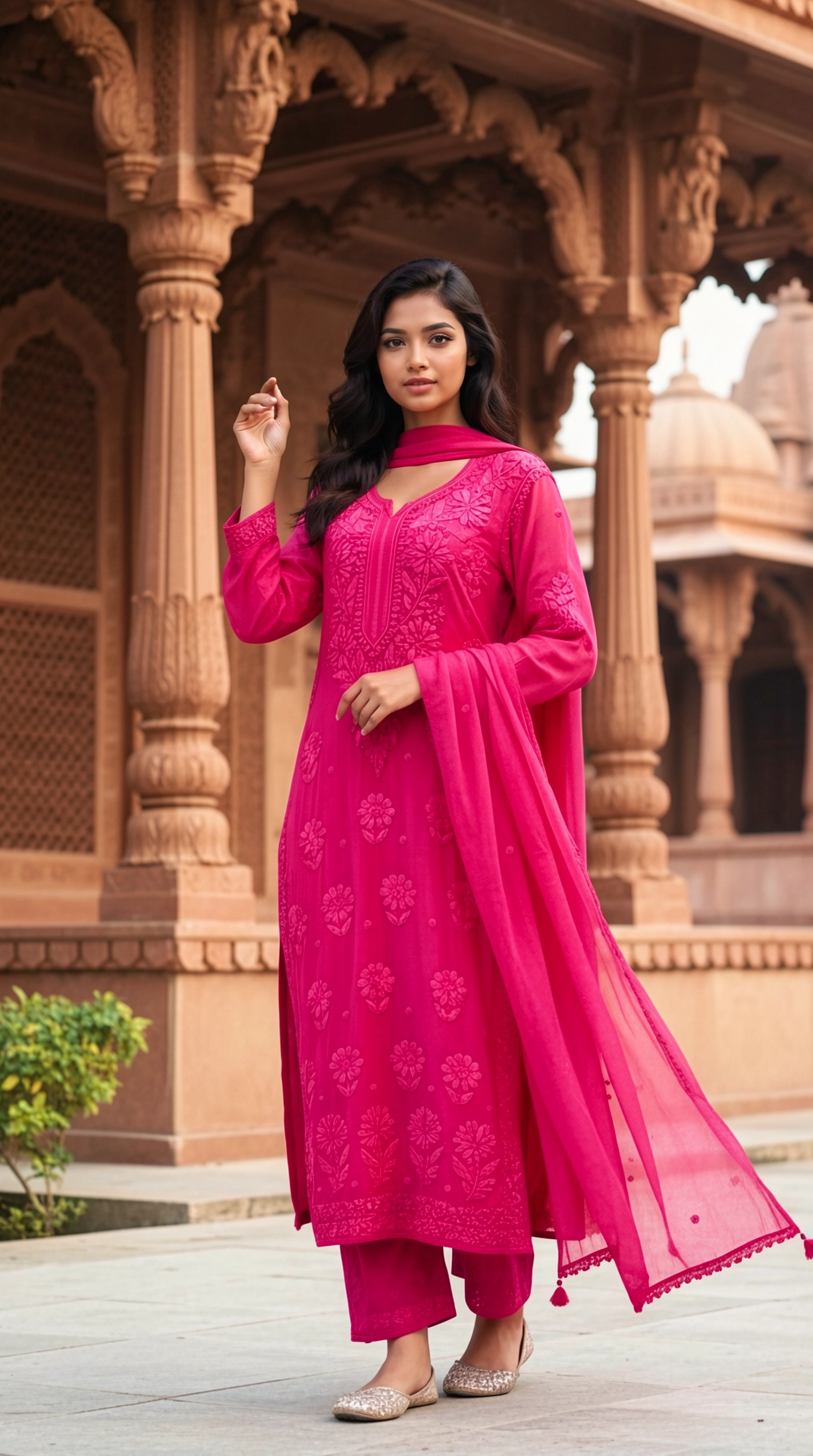 Georgette Kurta Set with Embroidery, Sequin Accents, Coordinated Bottoms and Dupatta from Golden Muslin By Satya JB