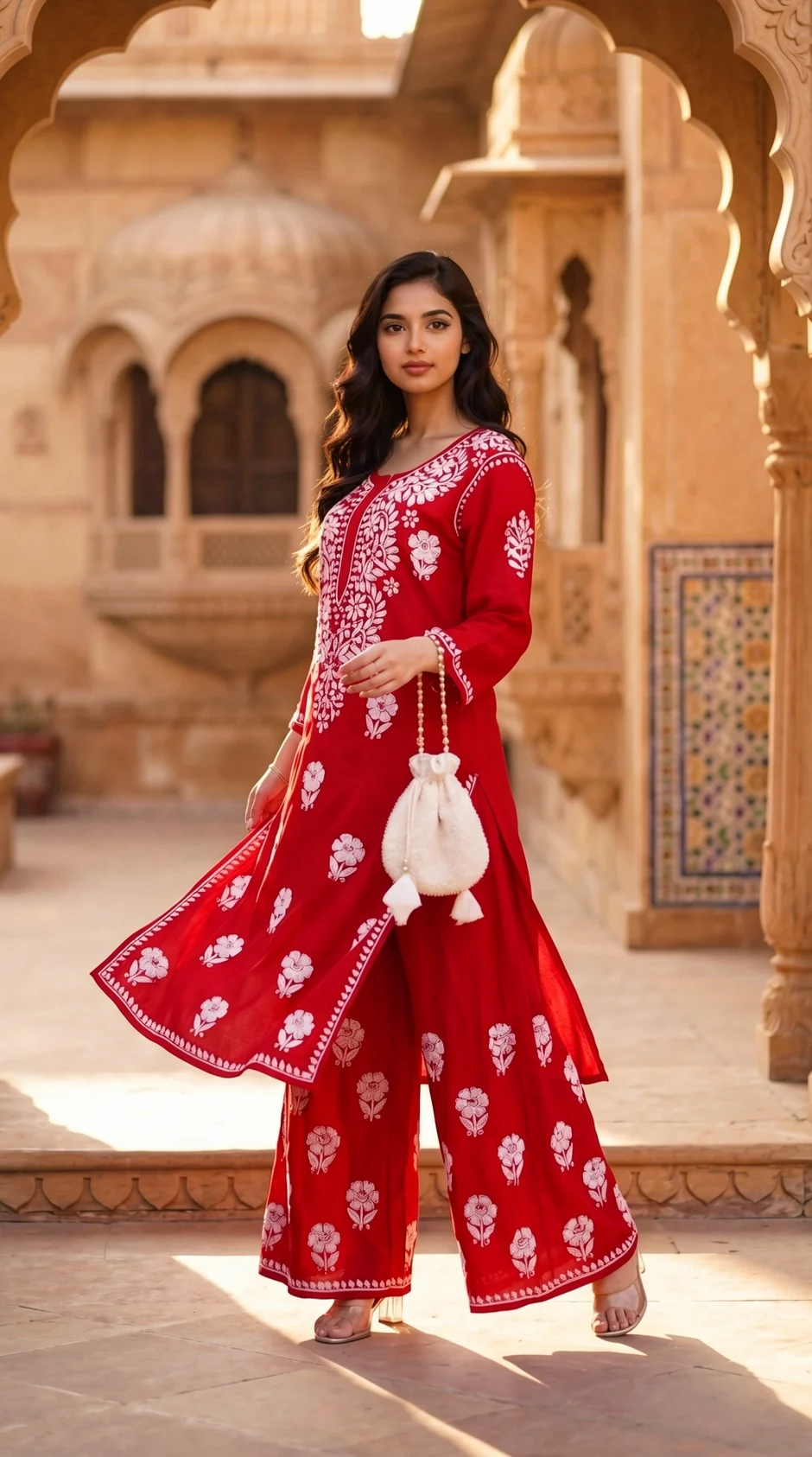 Red Rayon Kurta Set with White Embroidery and Matching Bottoms from Golden Muslin By Satya JB