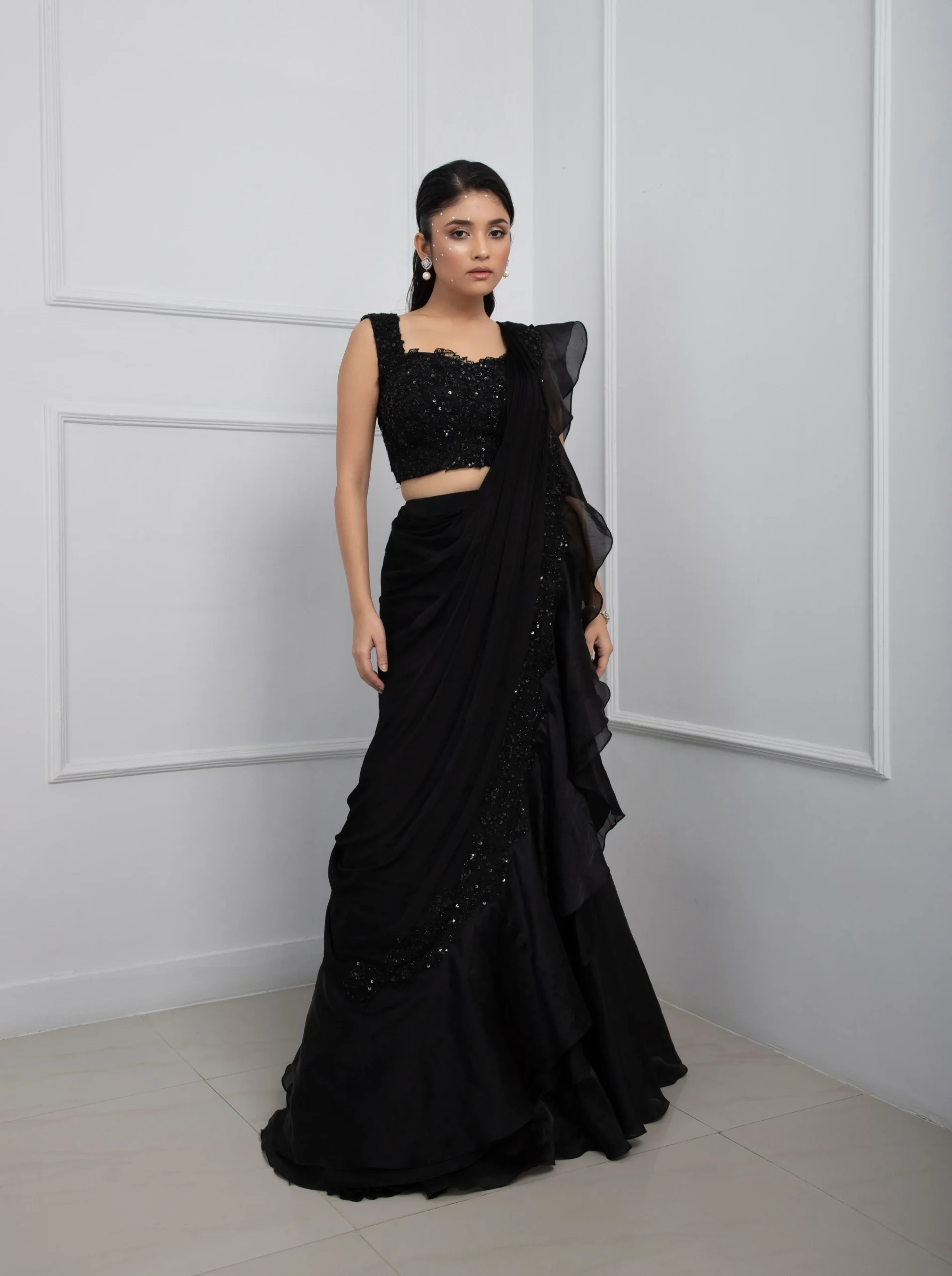 Black Chinon Drape Saree Set with Ruffle Saree and Embroidered Blouse from Golden Muslin By Anuj Agarwal