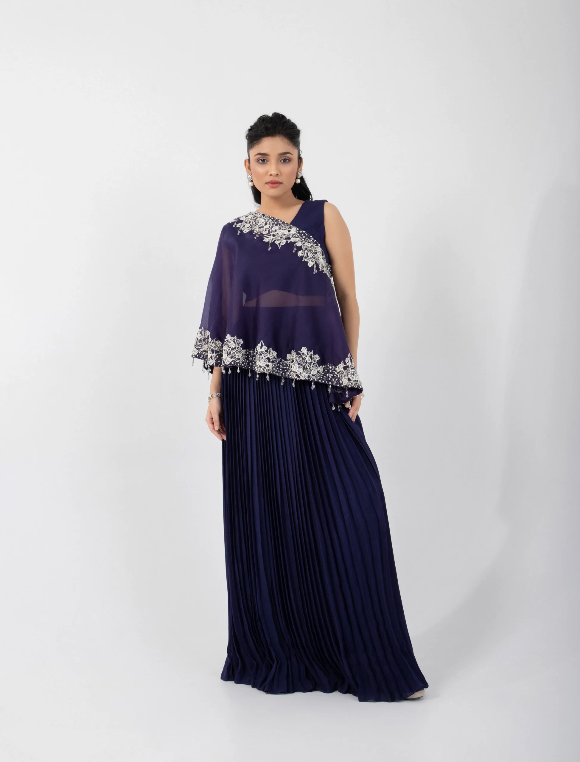 Navy Blue One Shoulder Cape Set with Embroidered Organza Cape from Golden Muslin By Anuj Agarwal