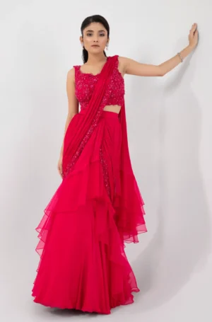 Fuchsia Pink Pre Draped Saree Set with Floral Embroidered Blouse from Golden Muslin By Anuj Agarwal
