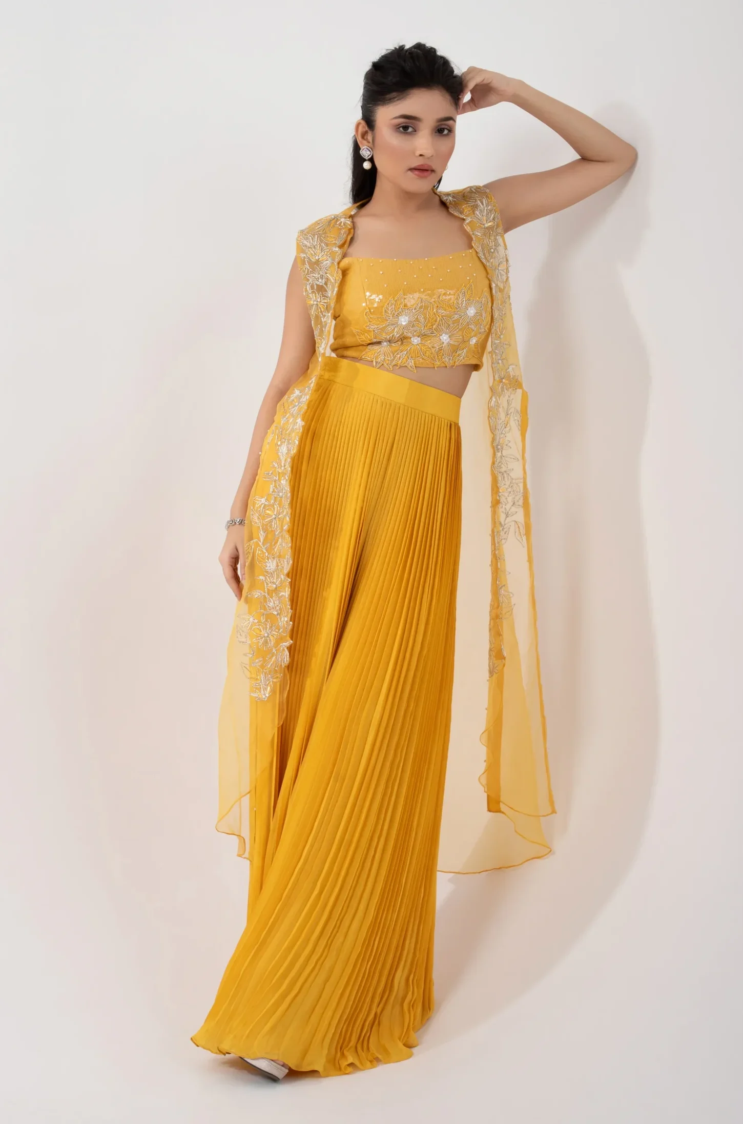 Yellow Chinon Crepe Co Ord Set with Embroidered Organza Jacket from Golden Muslin By Anuj Agarwal