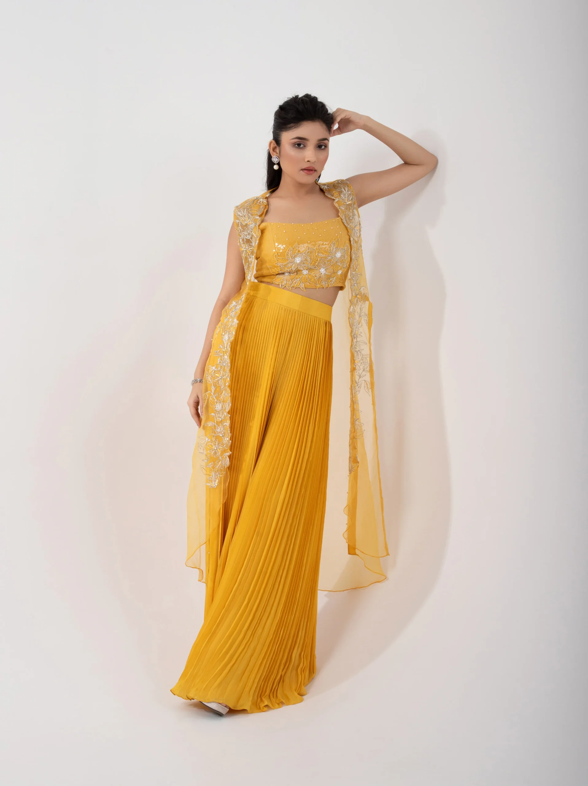 Yellow Chinon Crepe Co Ord Set with Embroidered Organza Jacket from Golden Muslin By Anuj Agarwal