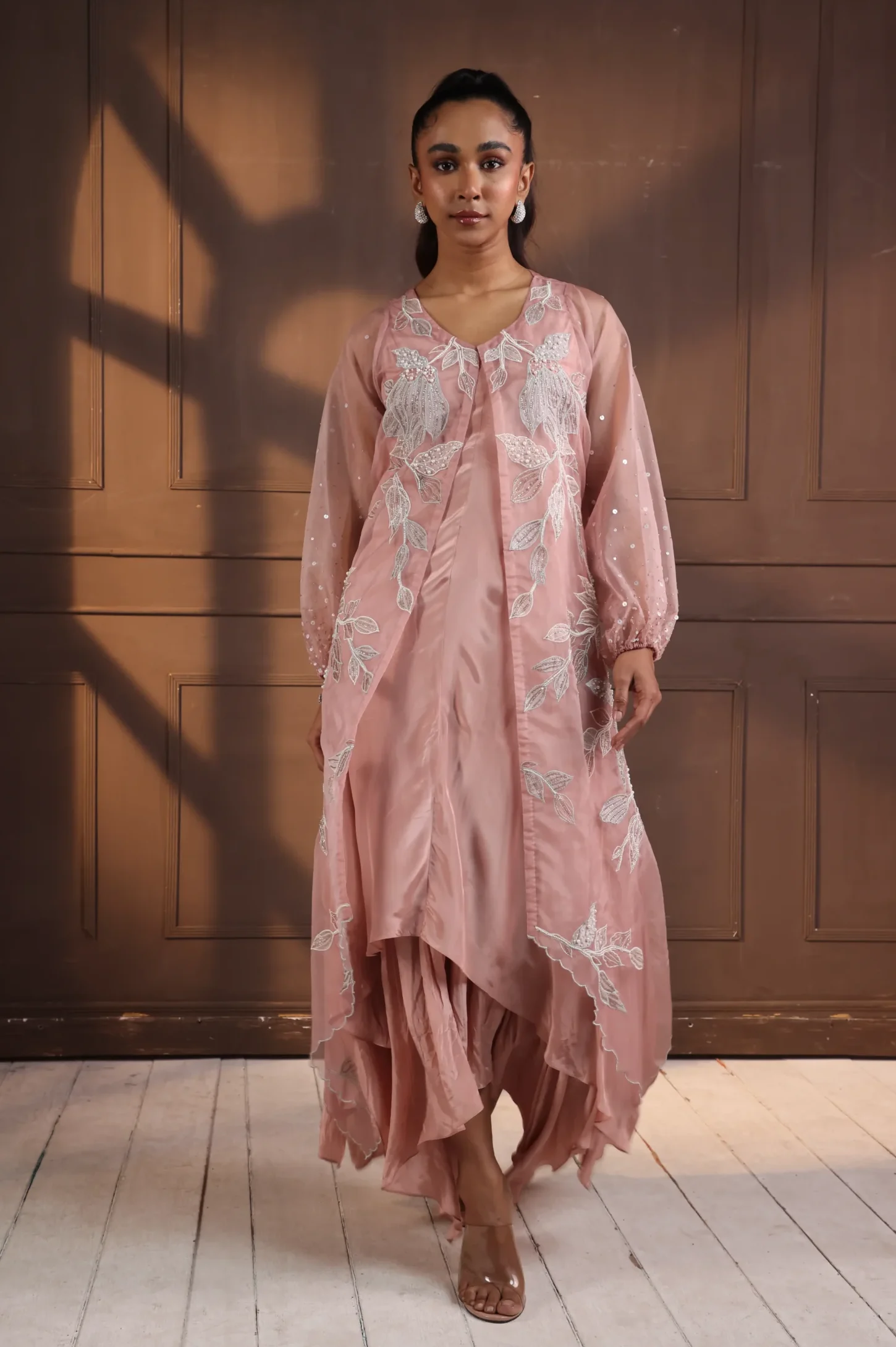 Dusty pink handkerchief hem dress with silver floral embroidery and sheer overlay from Golden Muslin By Anuj Agarwal