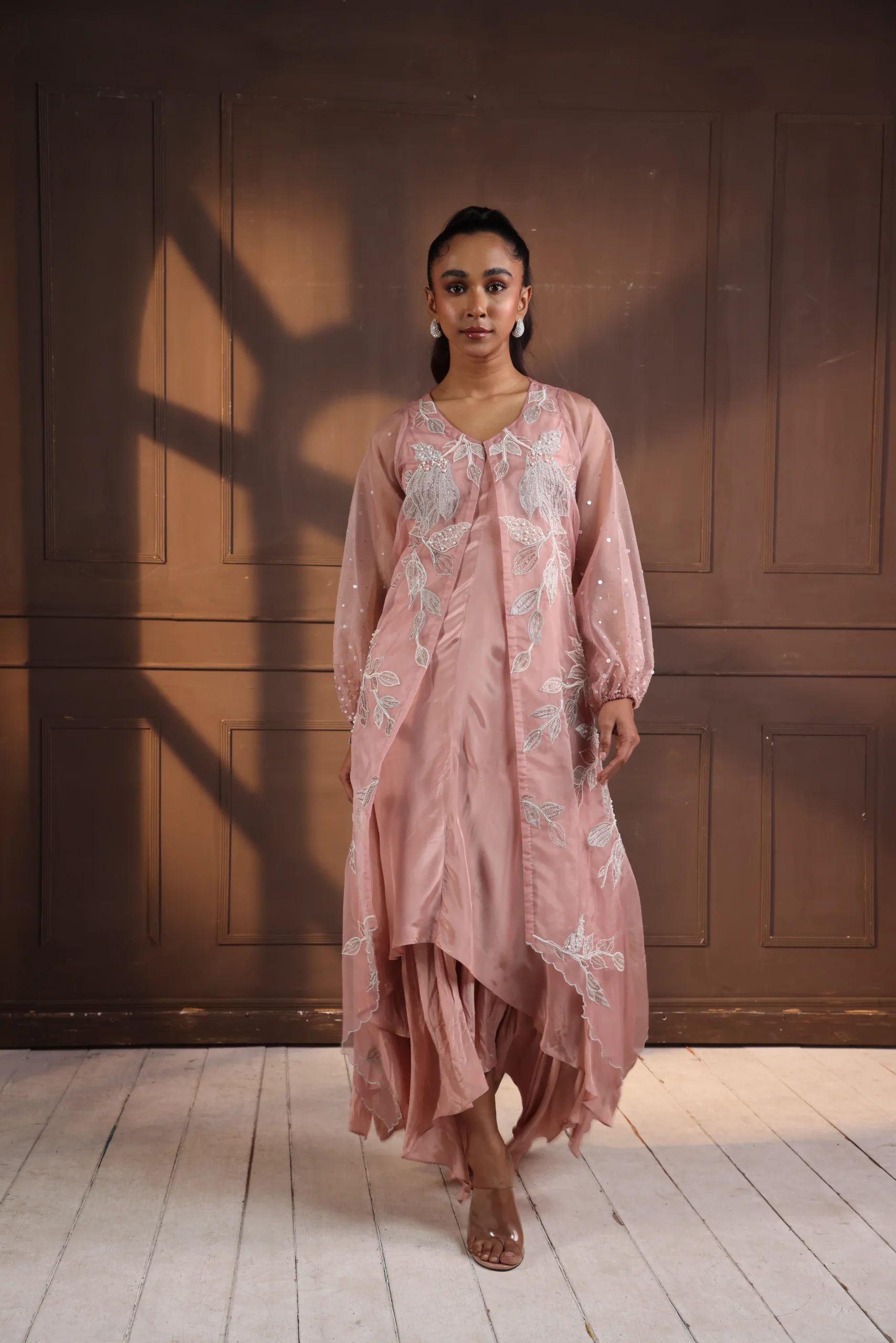 Dusty pink handkerchief hem dress with silver floral embroidery and sheer overlay from Golden Muslin By Anuj Agarwal