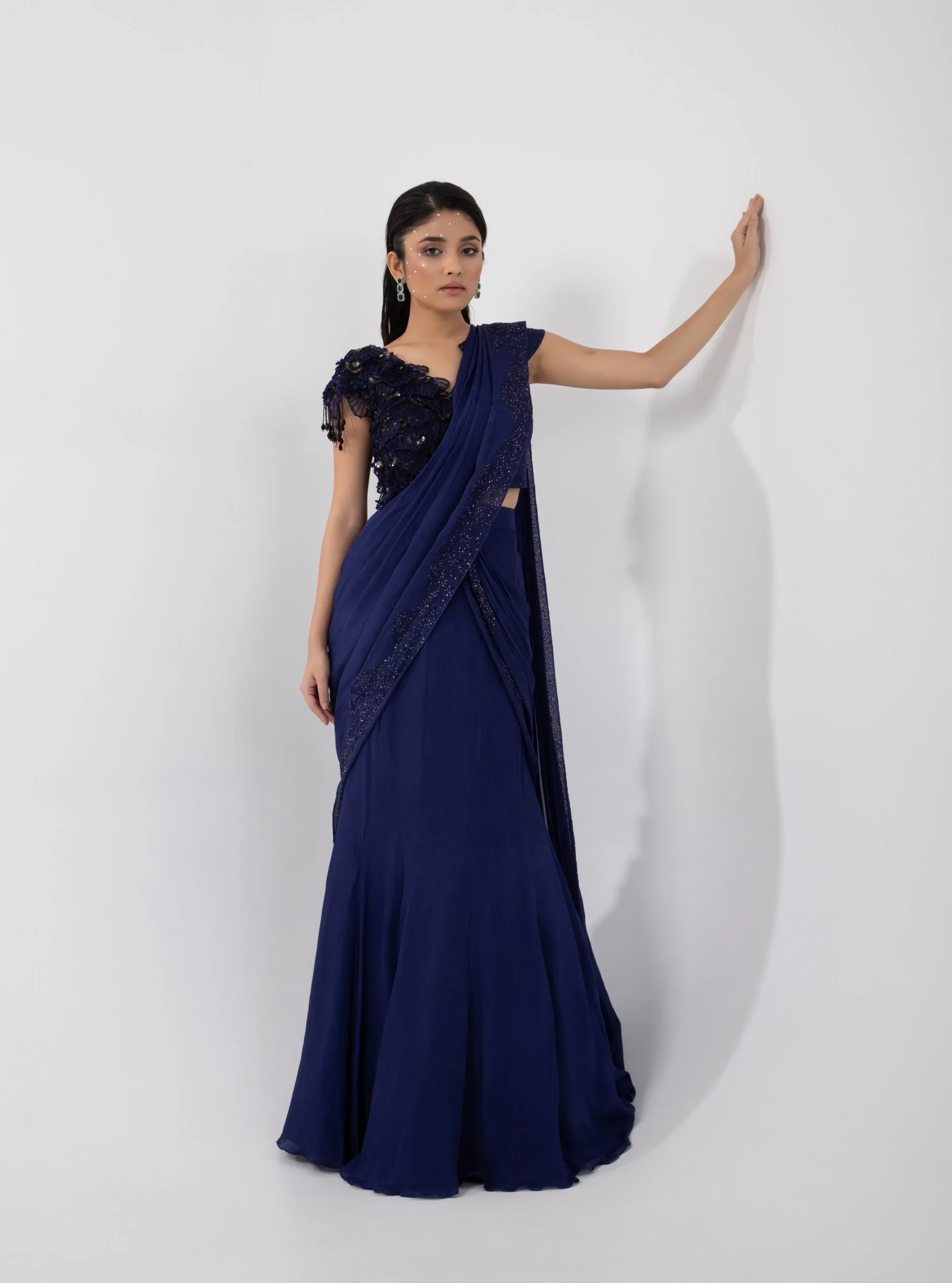Navy Blue Drape Saree Set with 3D Floral Applique Blouse and Tassels from Golden Muslin By Anuj Agarwal