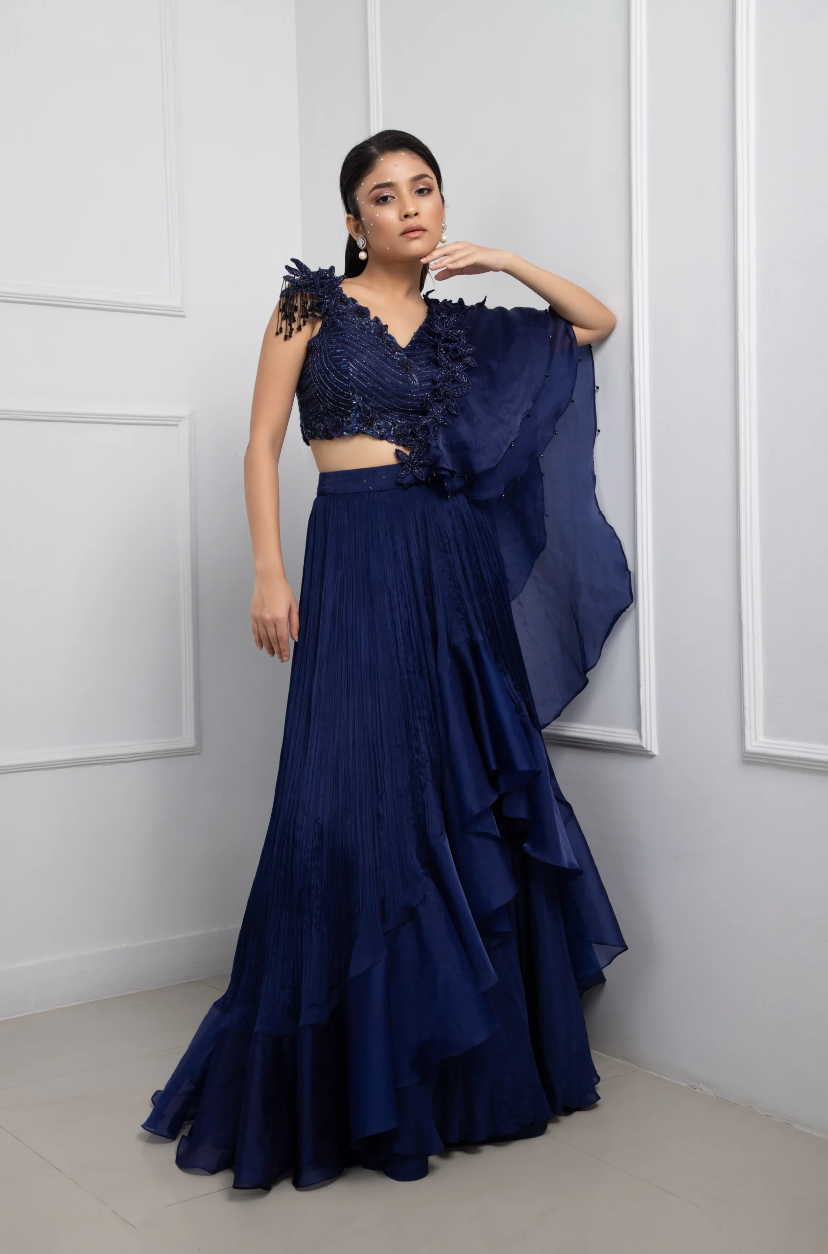 Navy Blue Chinon Satin Ruffled Saree Set with Floral Embroidered Blouse from Golden Muslin By Anuj Agarwal