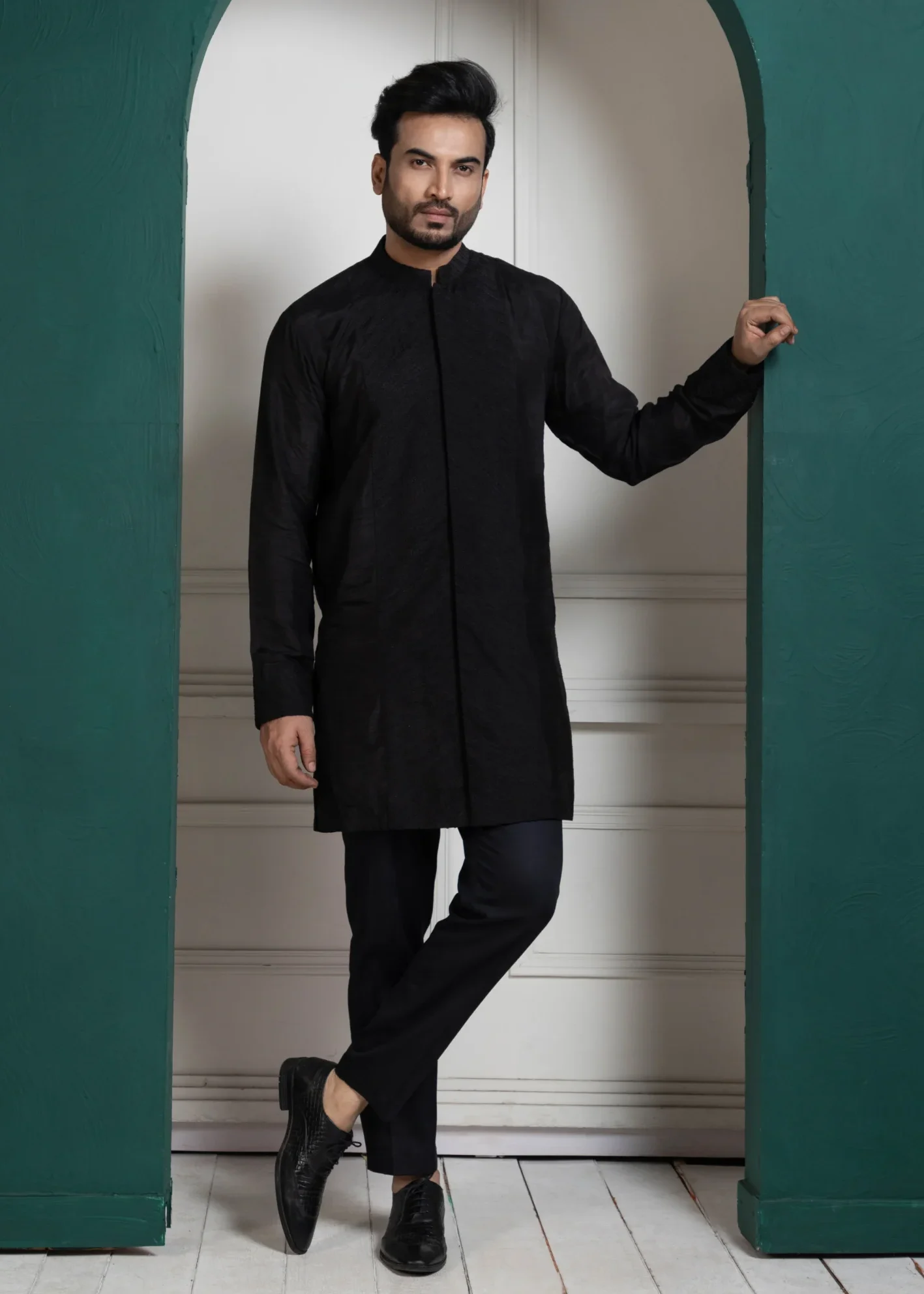 Golden Muslin premium black monochrome kurta set with mandarin collar and slim-fit trousers