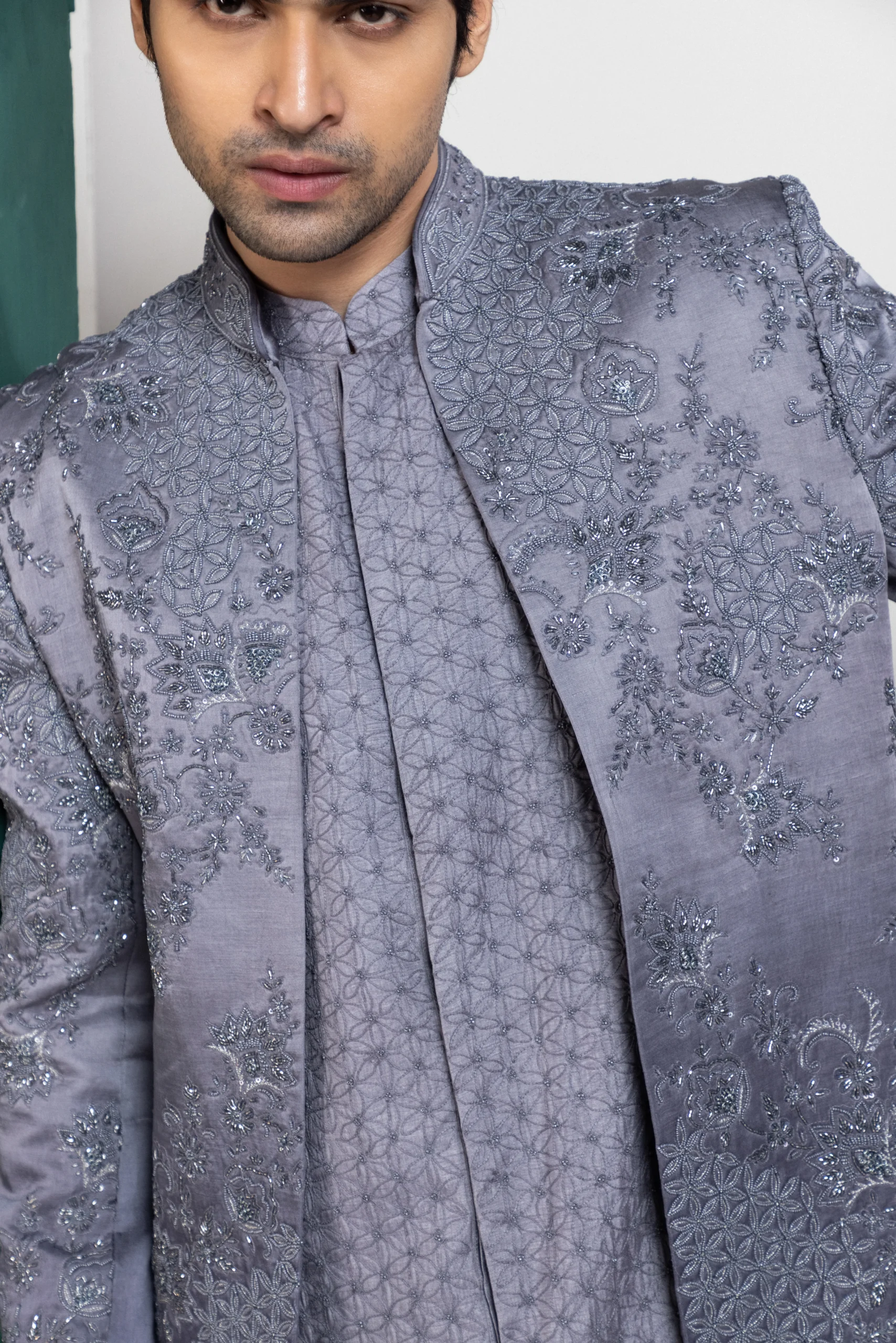 Steel Grey Embroidered Sherwani from Golden Muslin By Anuj Agarwal