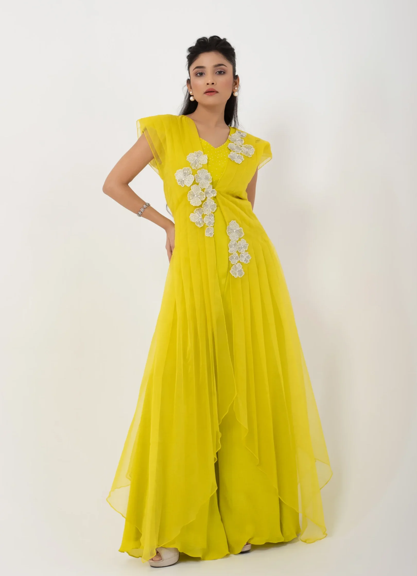 Lemon Yellow Chinon Jumpsuit with Organza Jacket and 3D Floral Applique from Golden Muslin By Anuj Agarwal