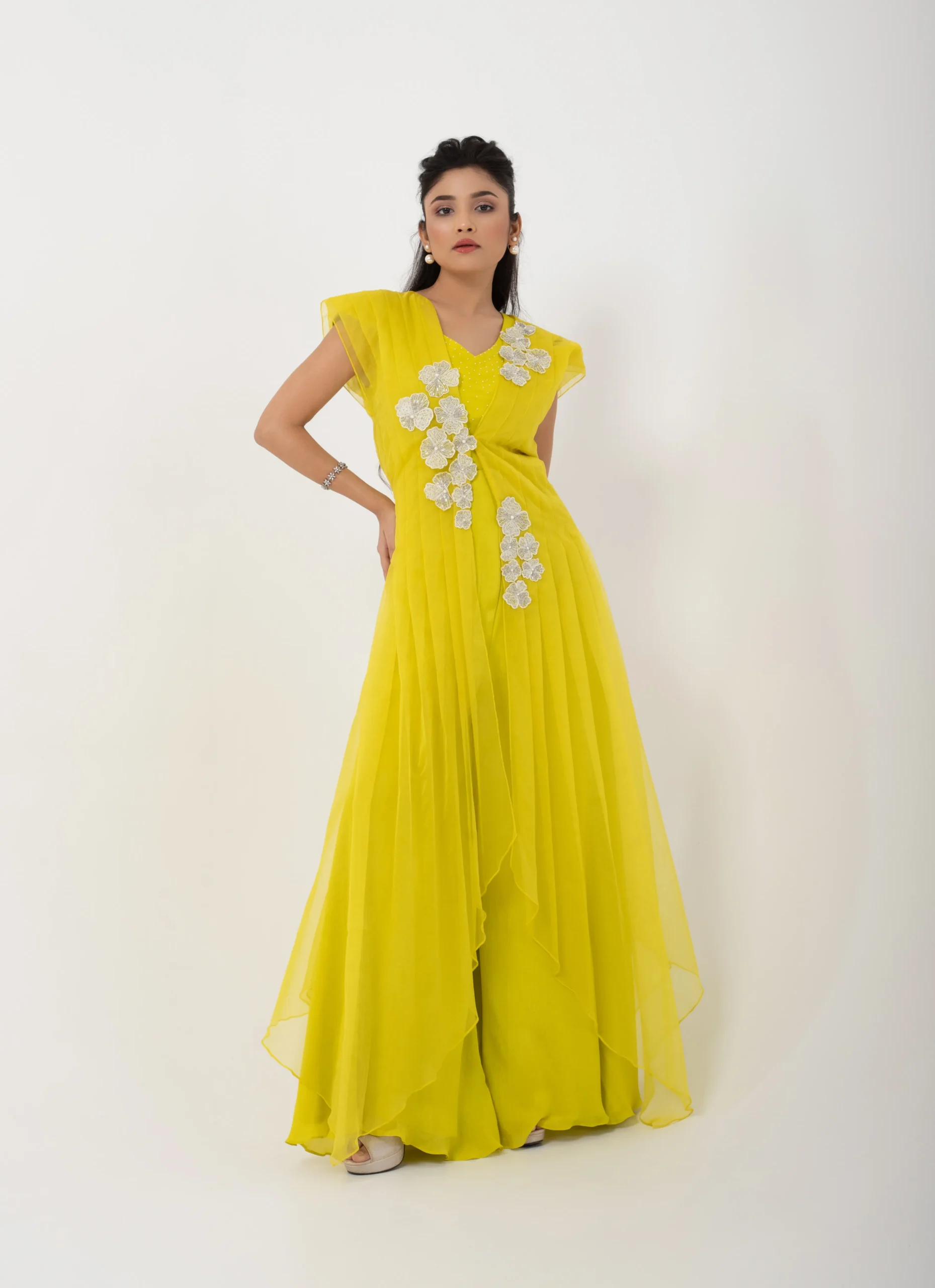 Lemon Yellow Chinon Jumpsuit with Organza Jacket and 3D Floral Applique from Golden Muslin By Anuj Agarwal