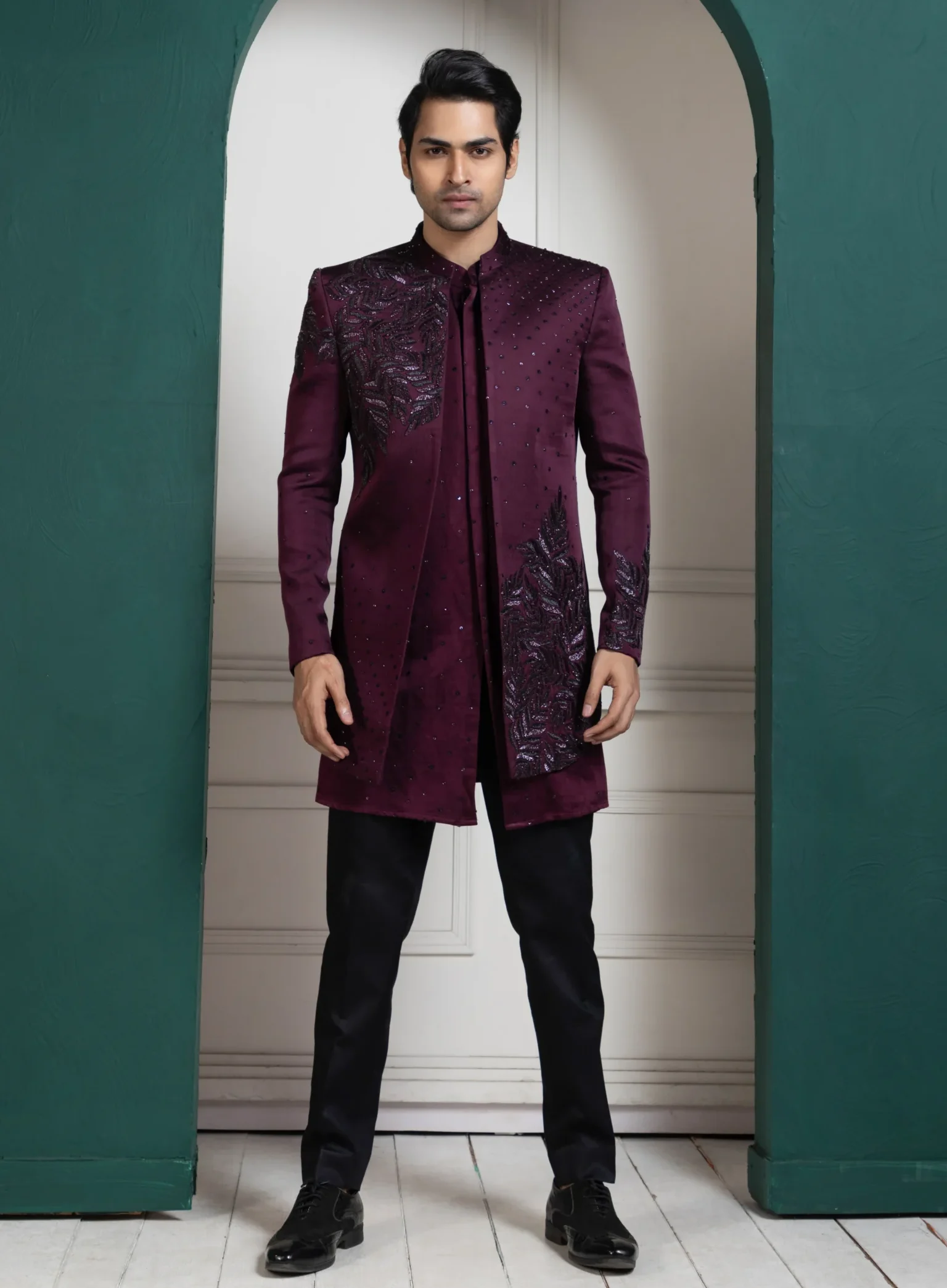 Maroon Asymmetric Indo Western Set from Golden Muslin By Anuj Agarwal