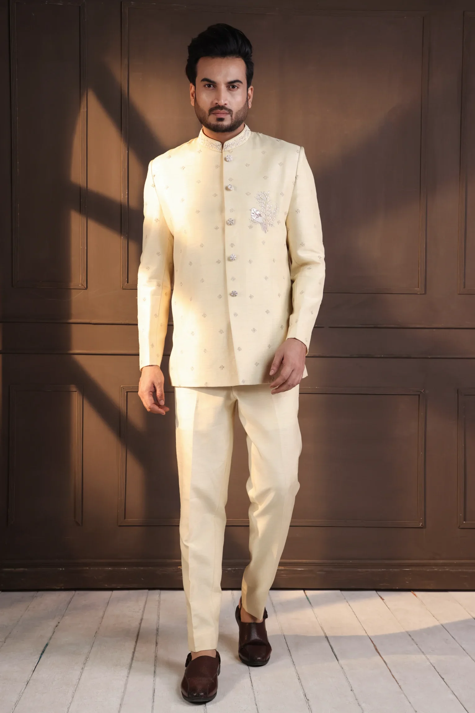 Ivory Bamberg Silk Bandhgala Suit for Men with subtle embellishments and tailored fit from Golden Muslin By Anuj Agarwal