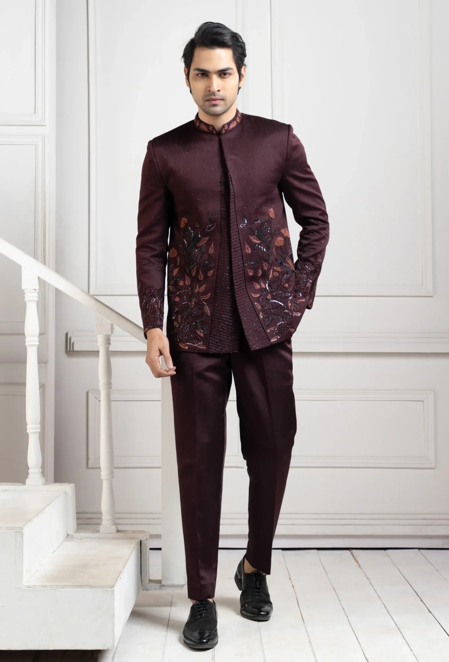 Wine Embellished Bandhgala Set from Golden Muslin By Anuj Agarwal