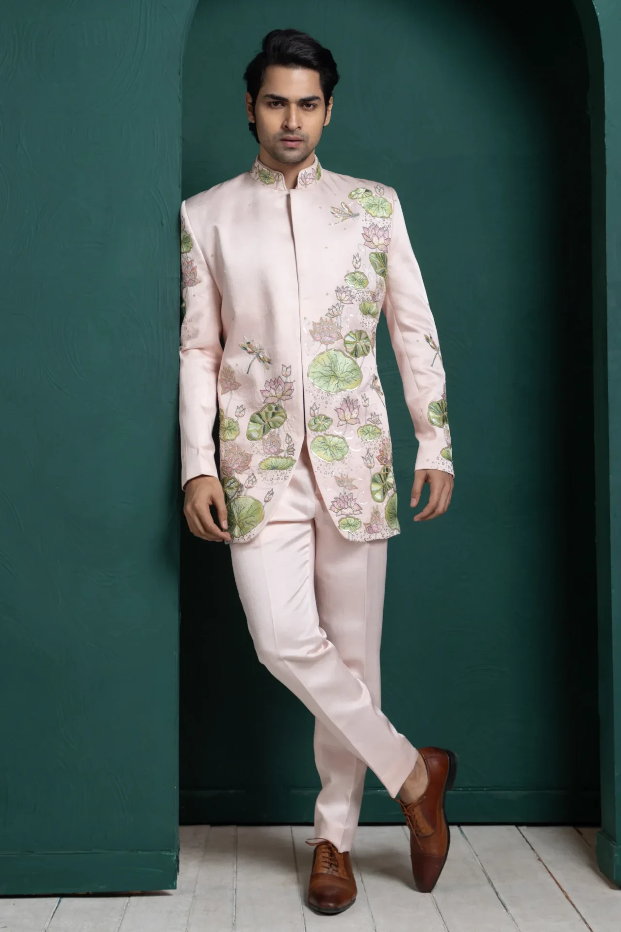 Golden Muslin Pastel Pink Embroidered Bandhgala with lotus and dragonfly motifs