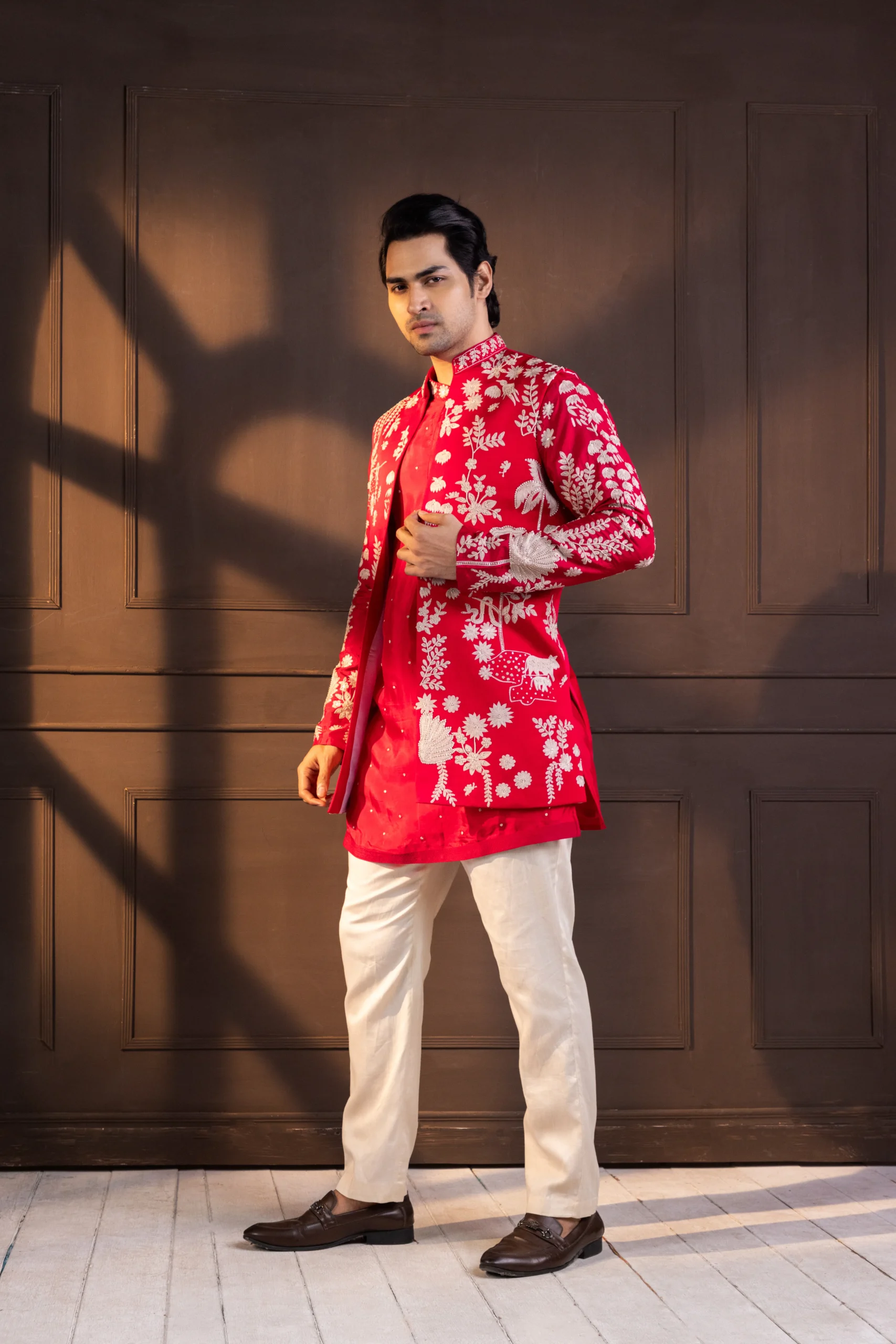 Red Embroidered Nehru Jacket Set from Golden Muslin By Anuj Agarwal