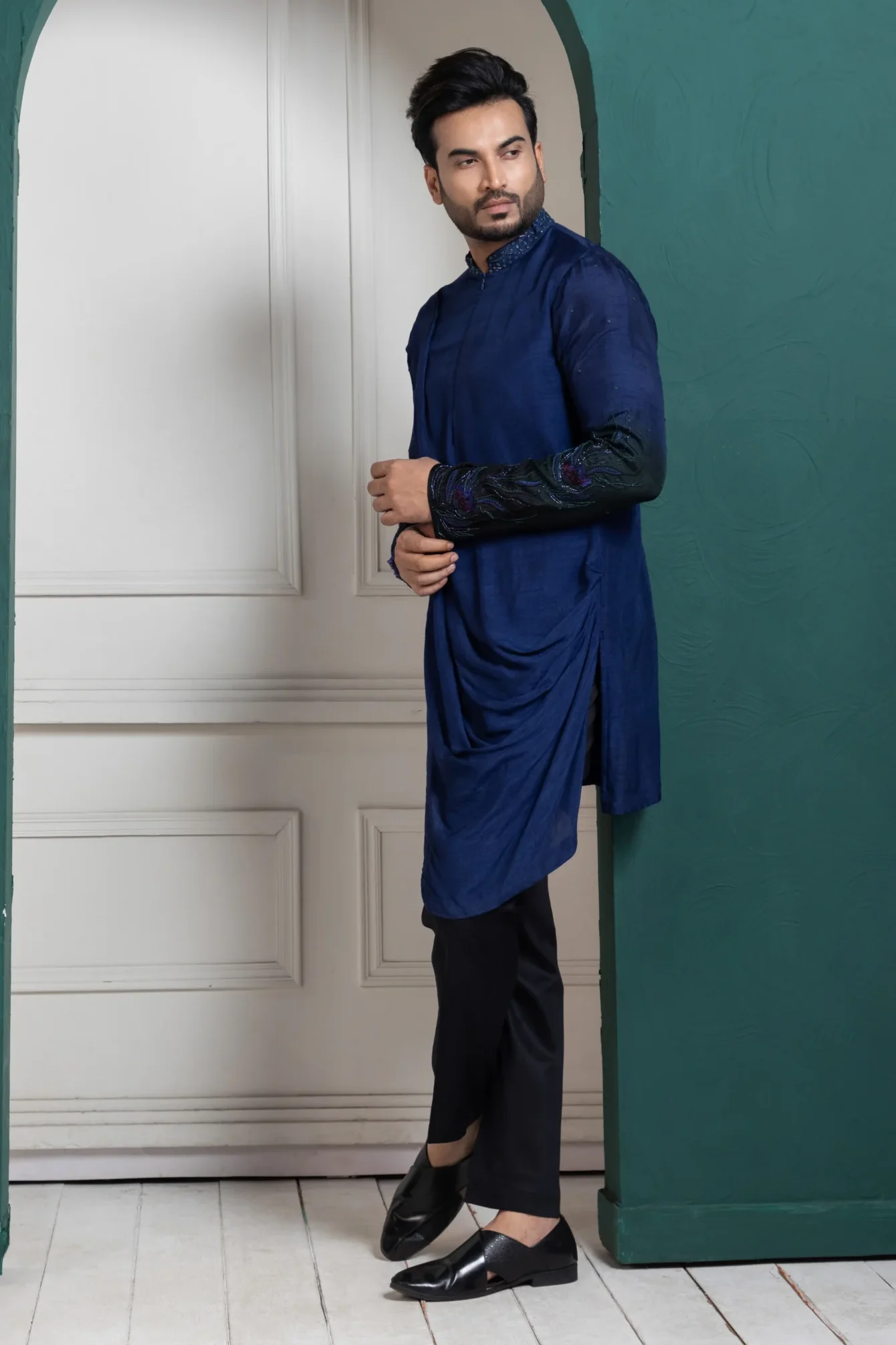 Midnight Blue Embroidered Bamberg Silk Kurta Set from Golden Muslin By Anuj Agarwal