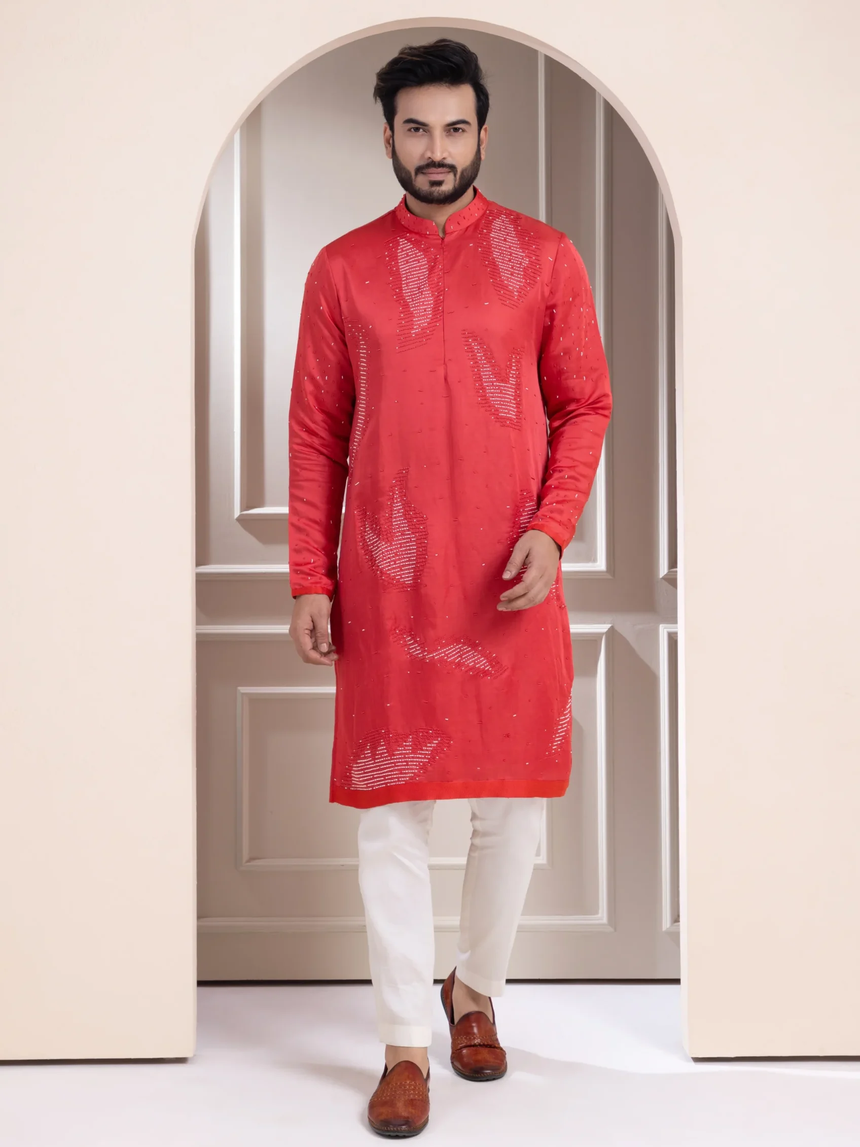 Golden Muslin Coral Red Embroidered Kurta Set with white thread embroidery and mandarin collar