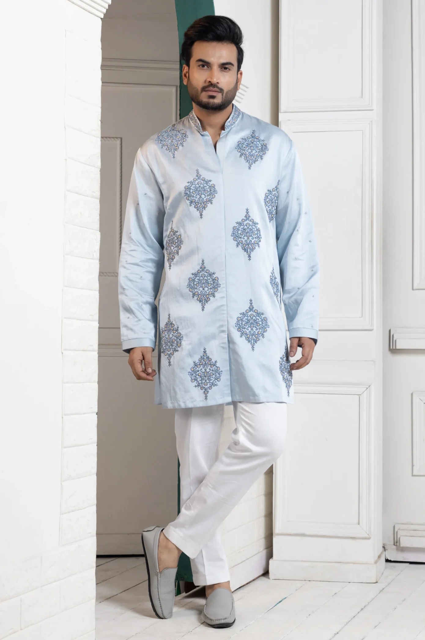 Golden Muslin Sky Blue Geometric Embroidered Kurta Set with mandarin collar and medallion embroidery