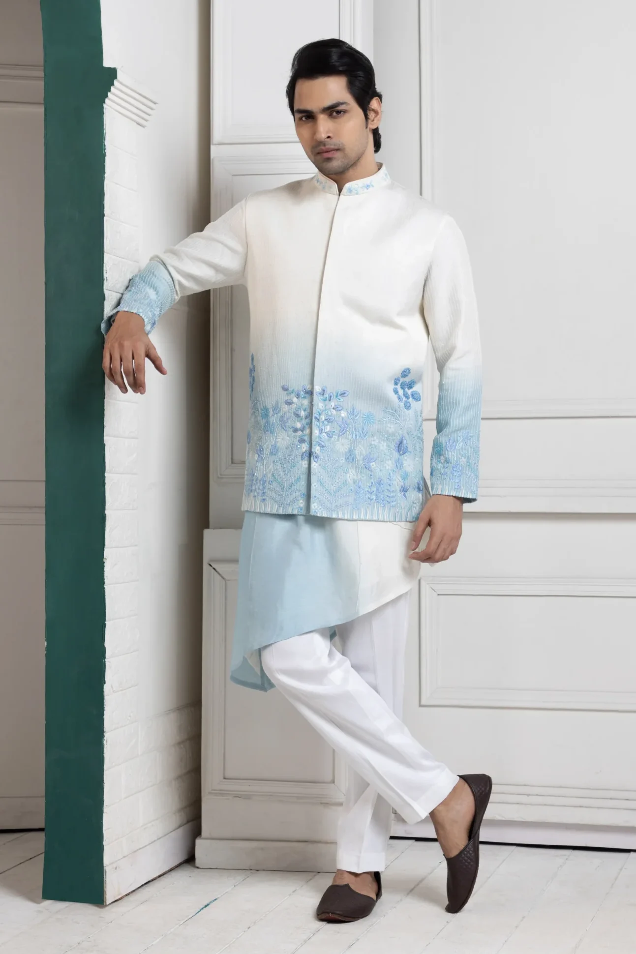 Golden Muslin Ivory to Sky Blue Ombre Nehru Jacket Set with floral embroidery and asymmetrical layered kurta