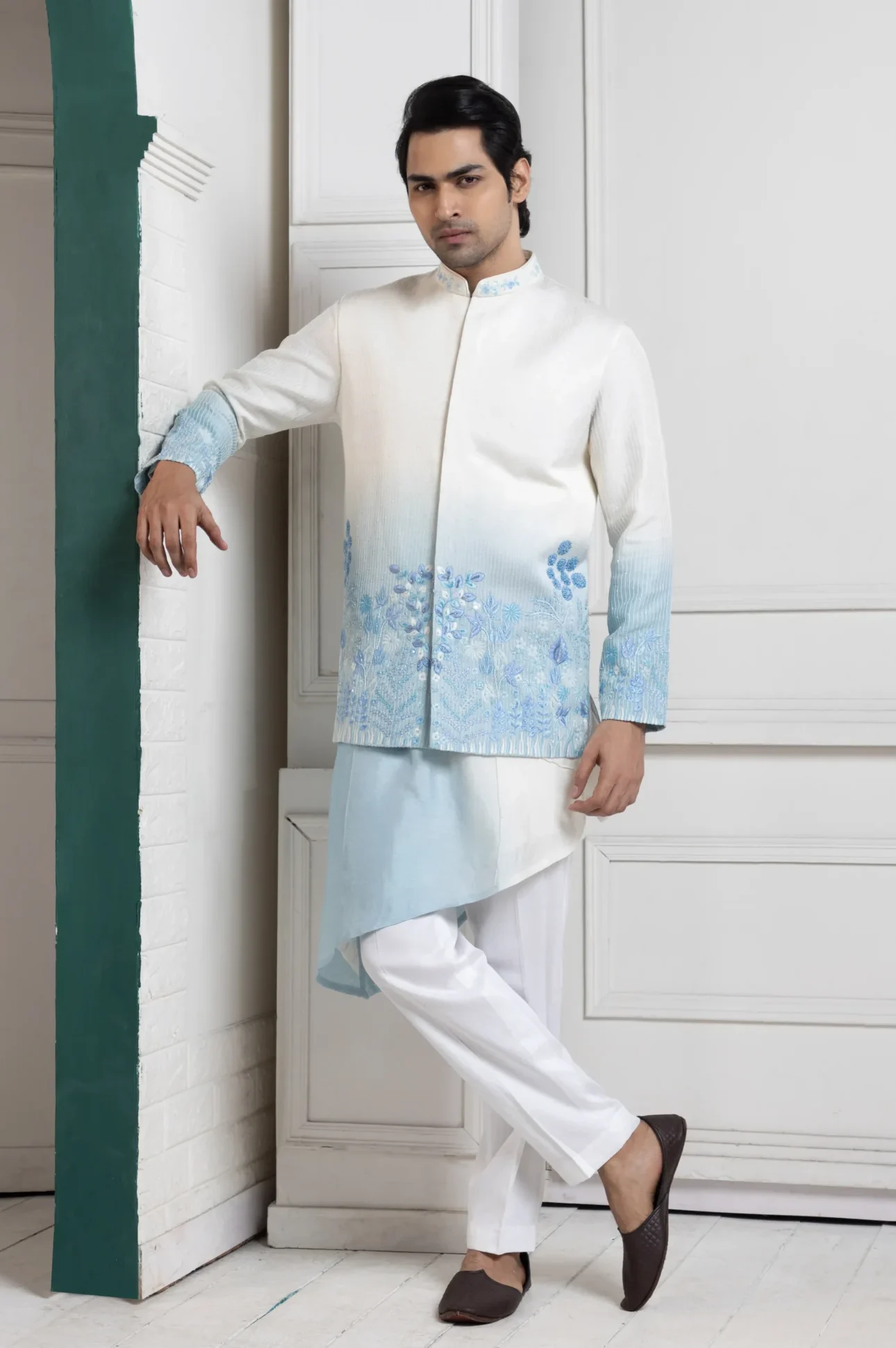 Ivory Sky Ombre Nehru Jacket Set from Golden Muslin By Anuj Agarwal