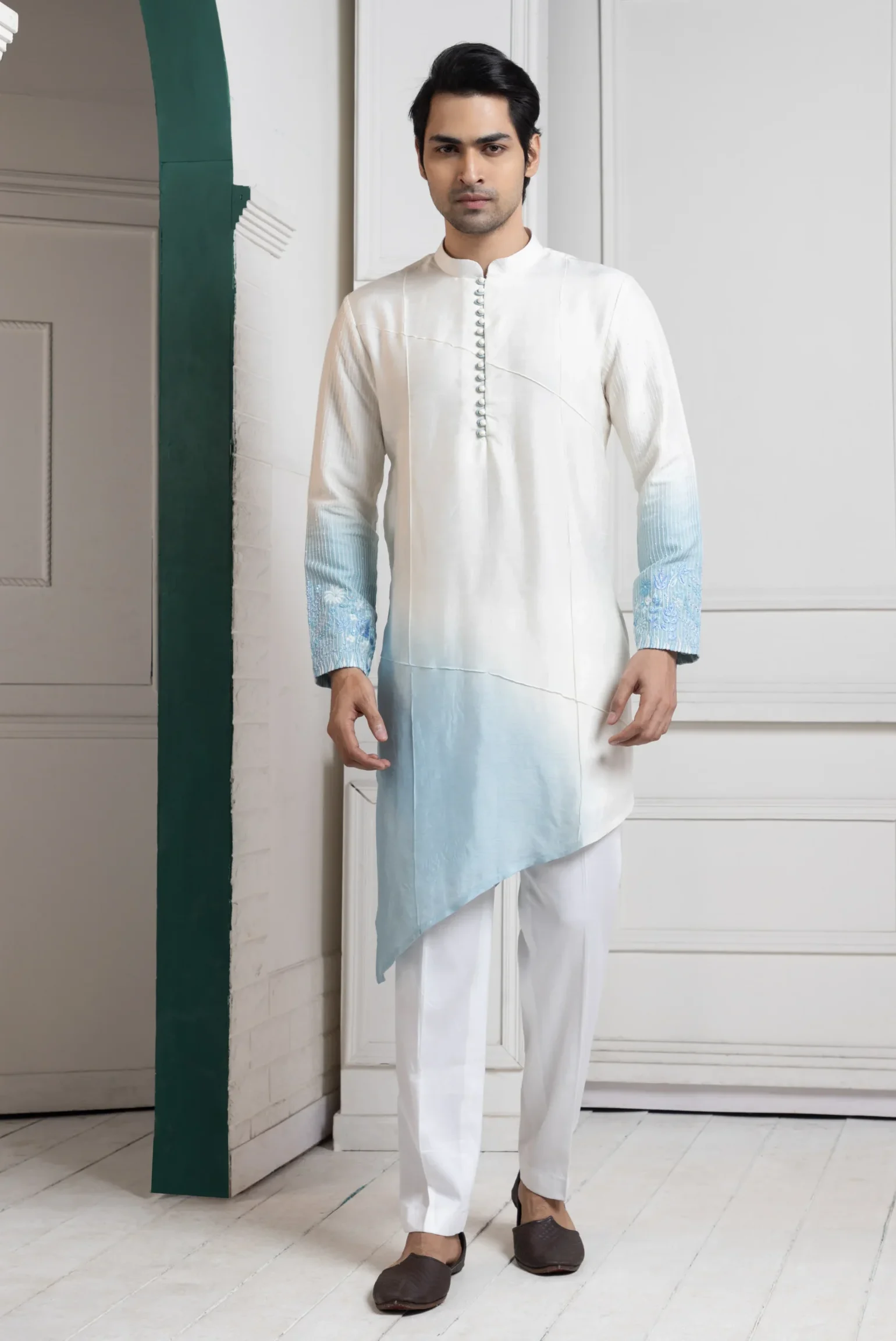 Ombre Asymmetric Kurta Set from Golden Muslin By Anuj Agarwal
