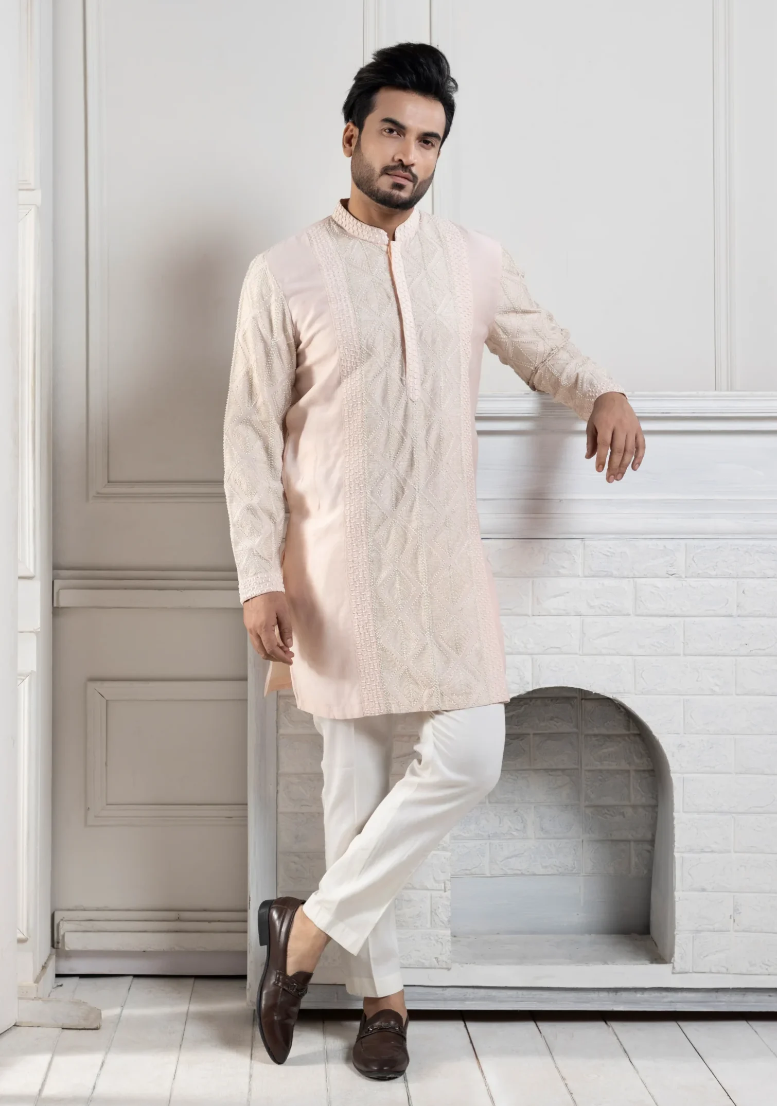 Peach Tonal Embroidered Kurta from Golden Muslin By Anuj Agarwal