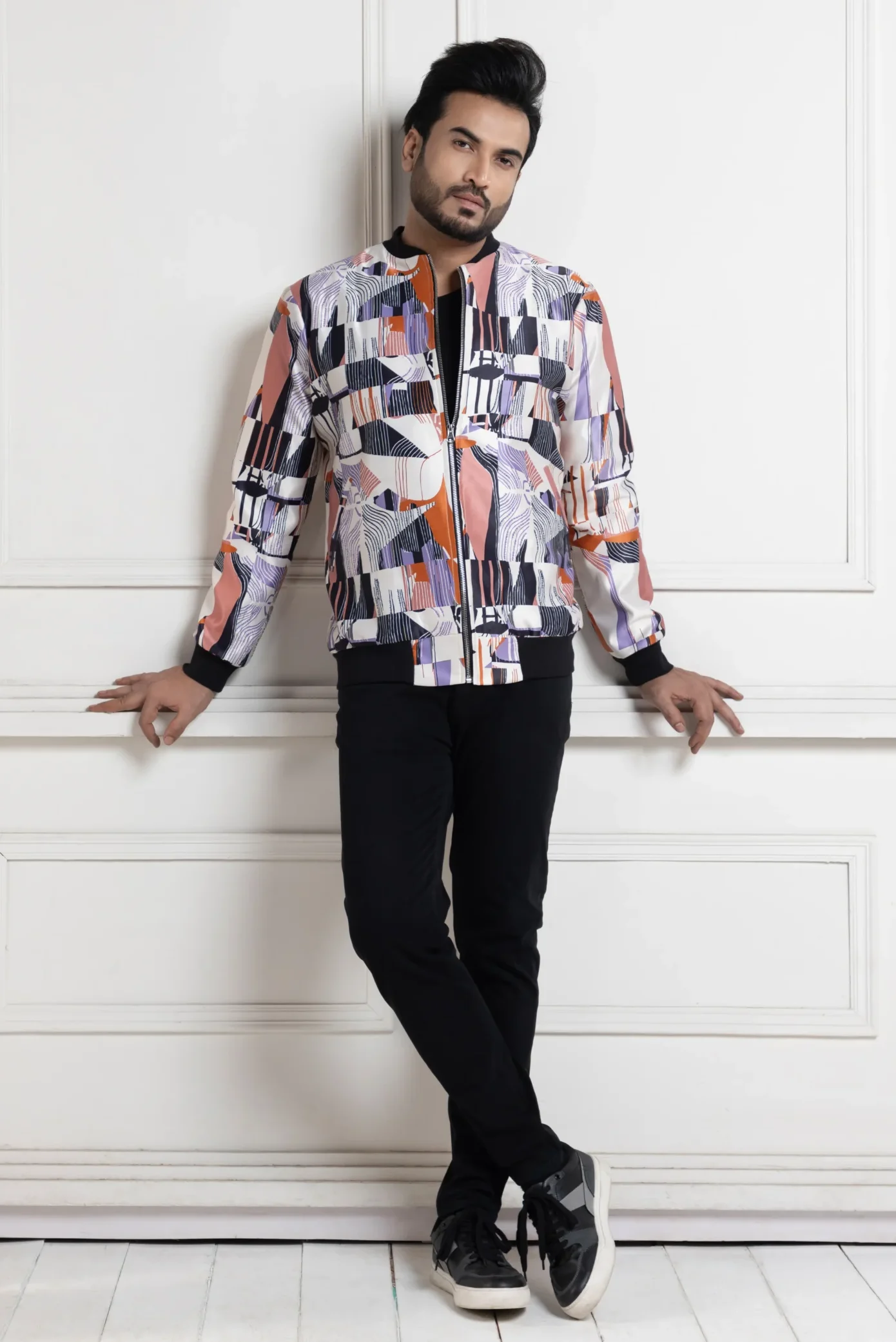 Golden Muslin Contemporary Abstract Print Bomber Jacket with vibrant geometric patterns