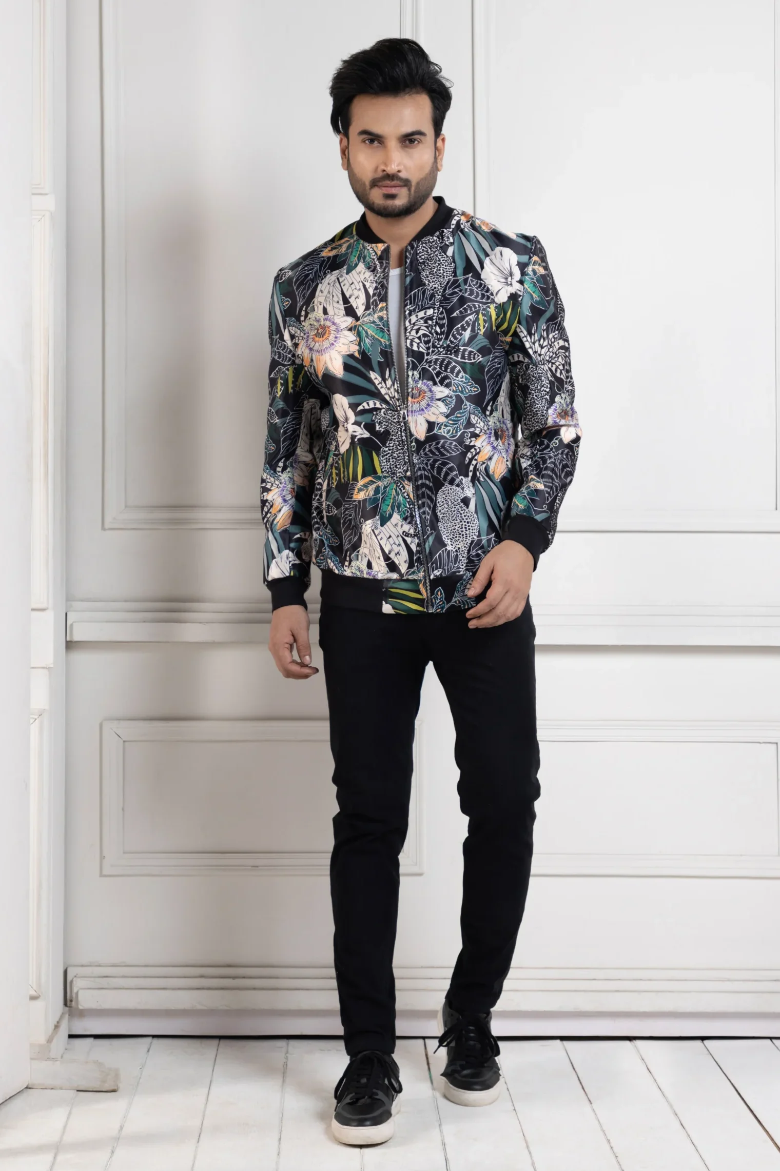 Golden Muslin Elite Artisan Illustrated Print Bomber Jacket in slate and emerald palette