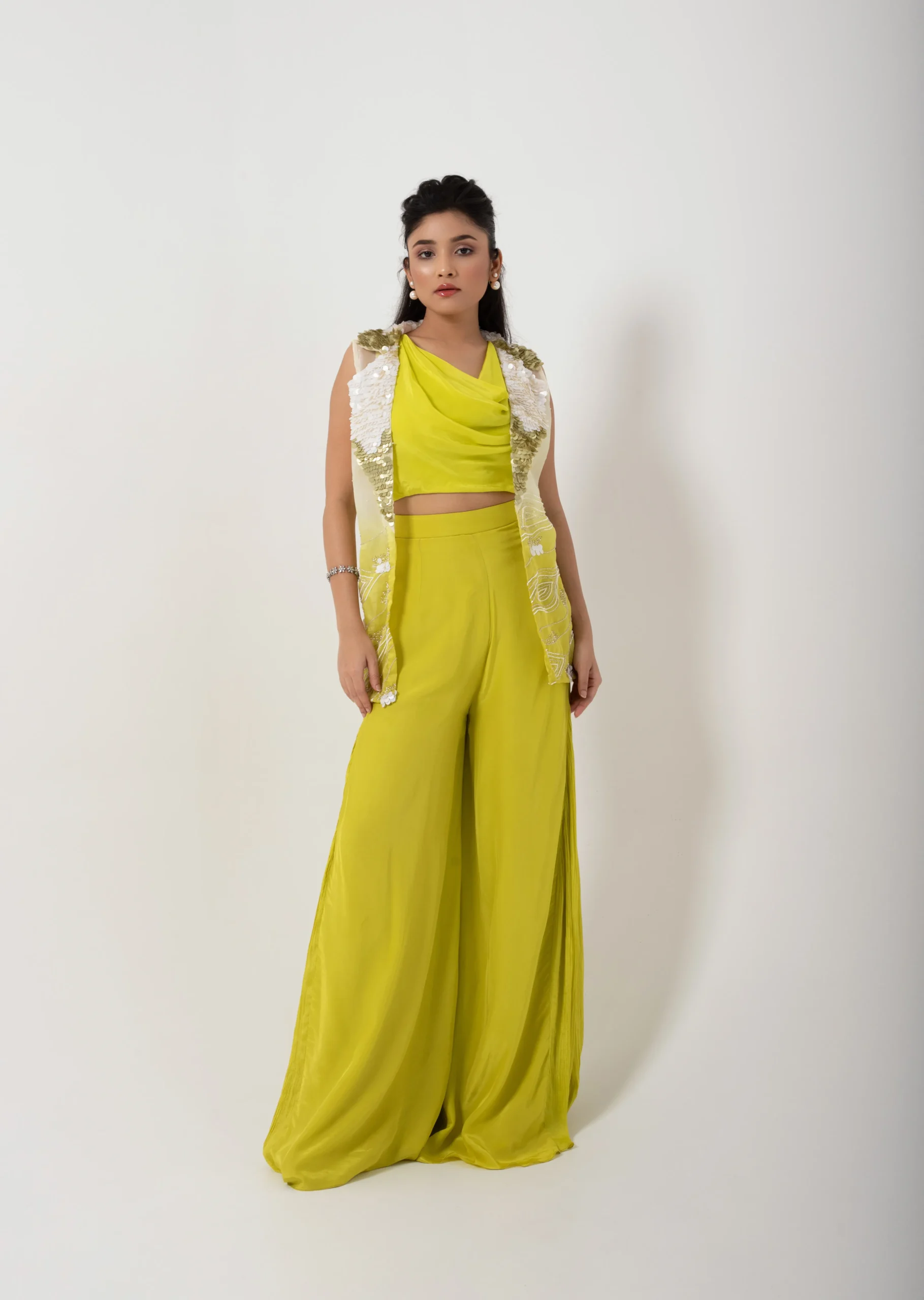 Lime Green Three Piece Co Ord Set with Embroidered Shrug and Wide Leg Trousers from Golden Muslin By Anuj Agarwal