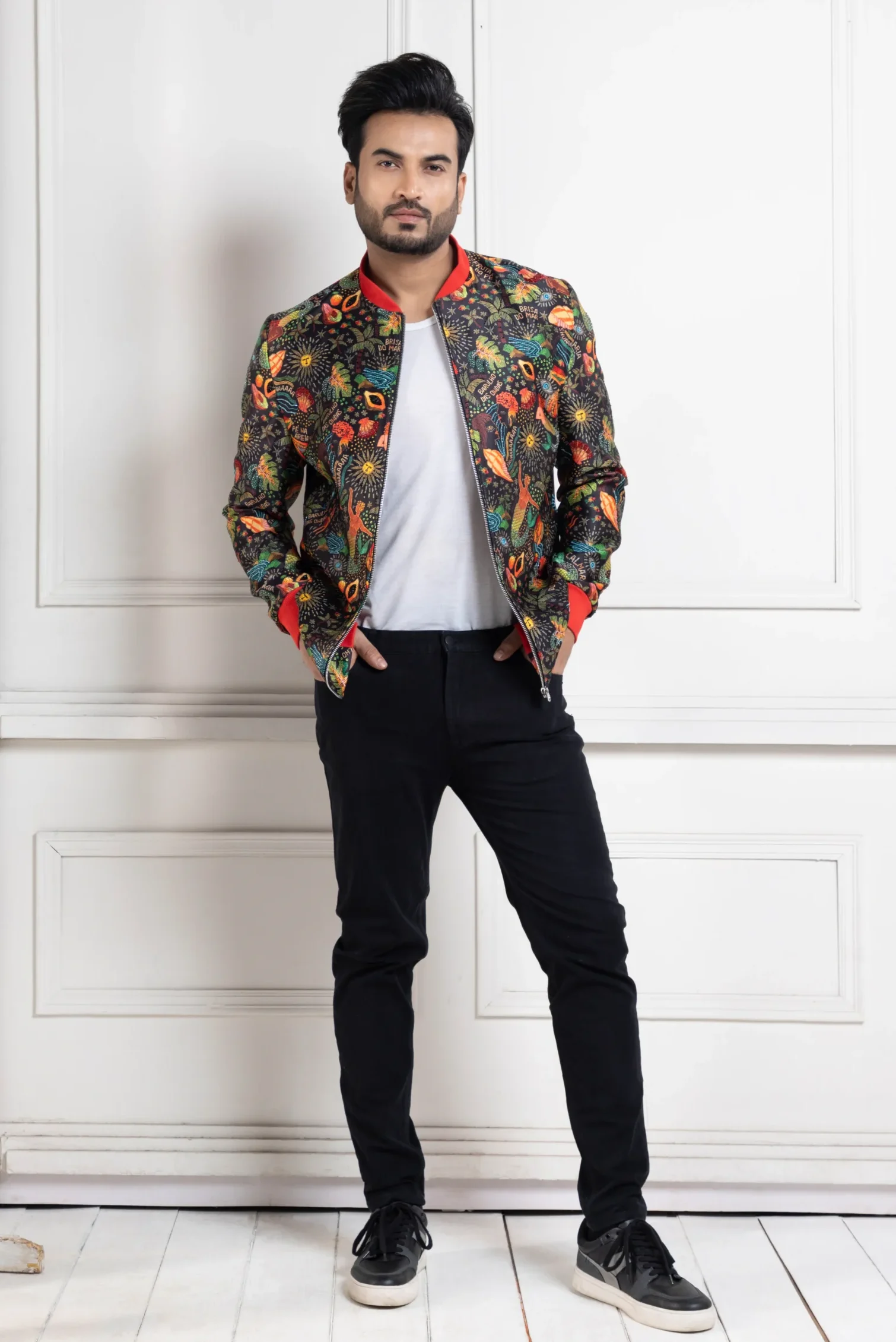 Golden Muslin Multi-Color Floral Print Bomber Jacket on dark base with ribbed detailing