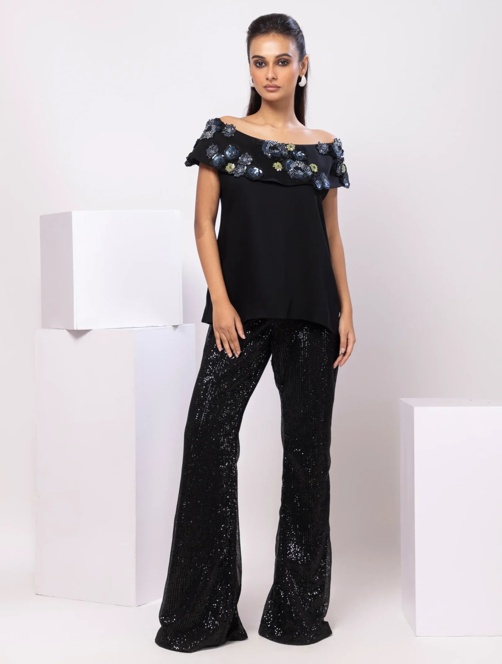 Midnight Black Petal Set with 3D Floral Appliques from Golden Muslin By Anuj Agarwal