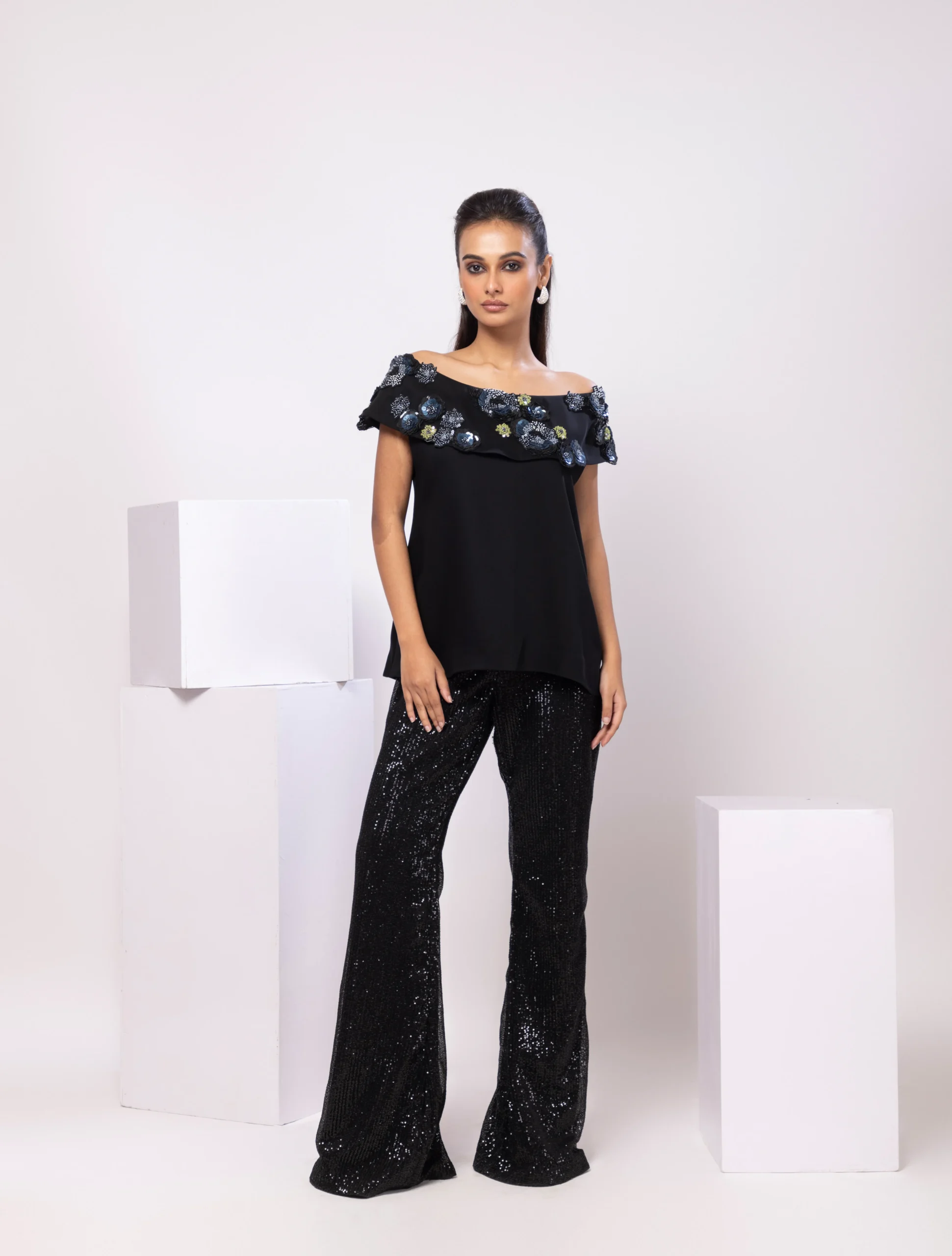 Midnight Black Petal Set with 3D Floral Appliques from Golden Muslin By Anuj Agarwal