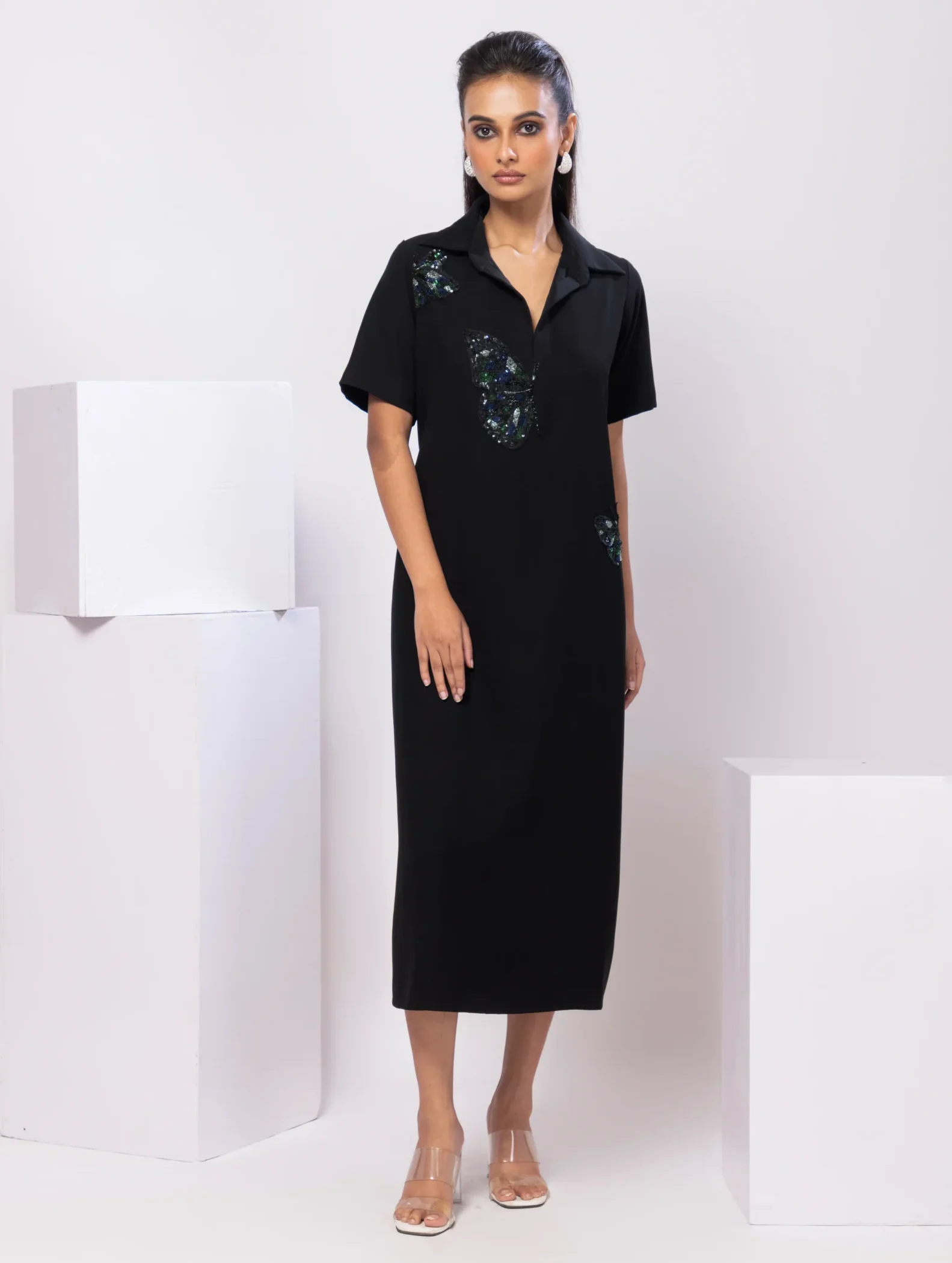 Black Butterfly Embellished Midi Polo Dress from Golden Muslin By Anuj Agarwal