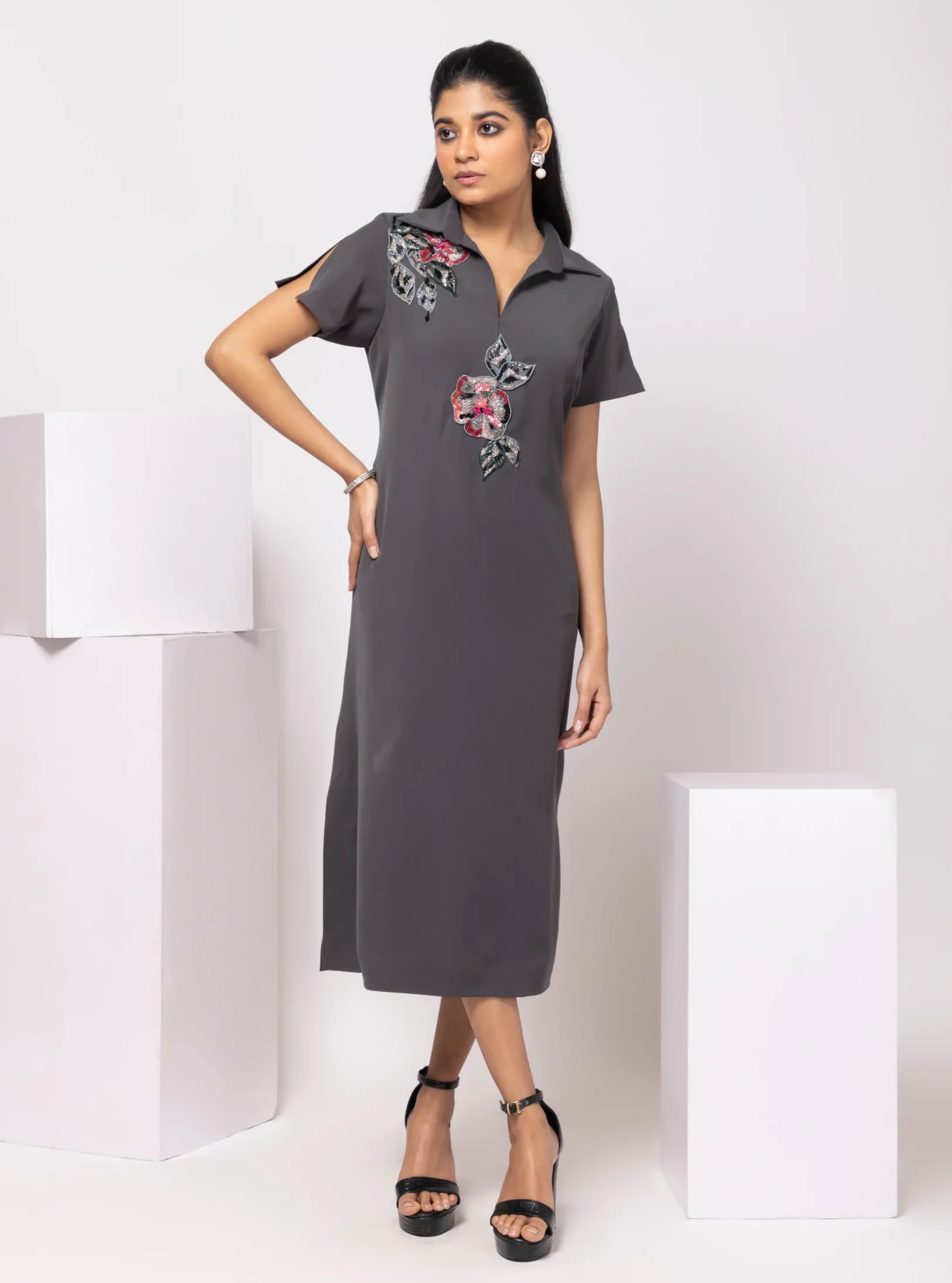 Charcoal Grey Floral Embellished Midi Polo Dress from Golden Muslin By Anuj Agarwal