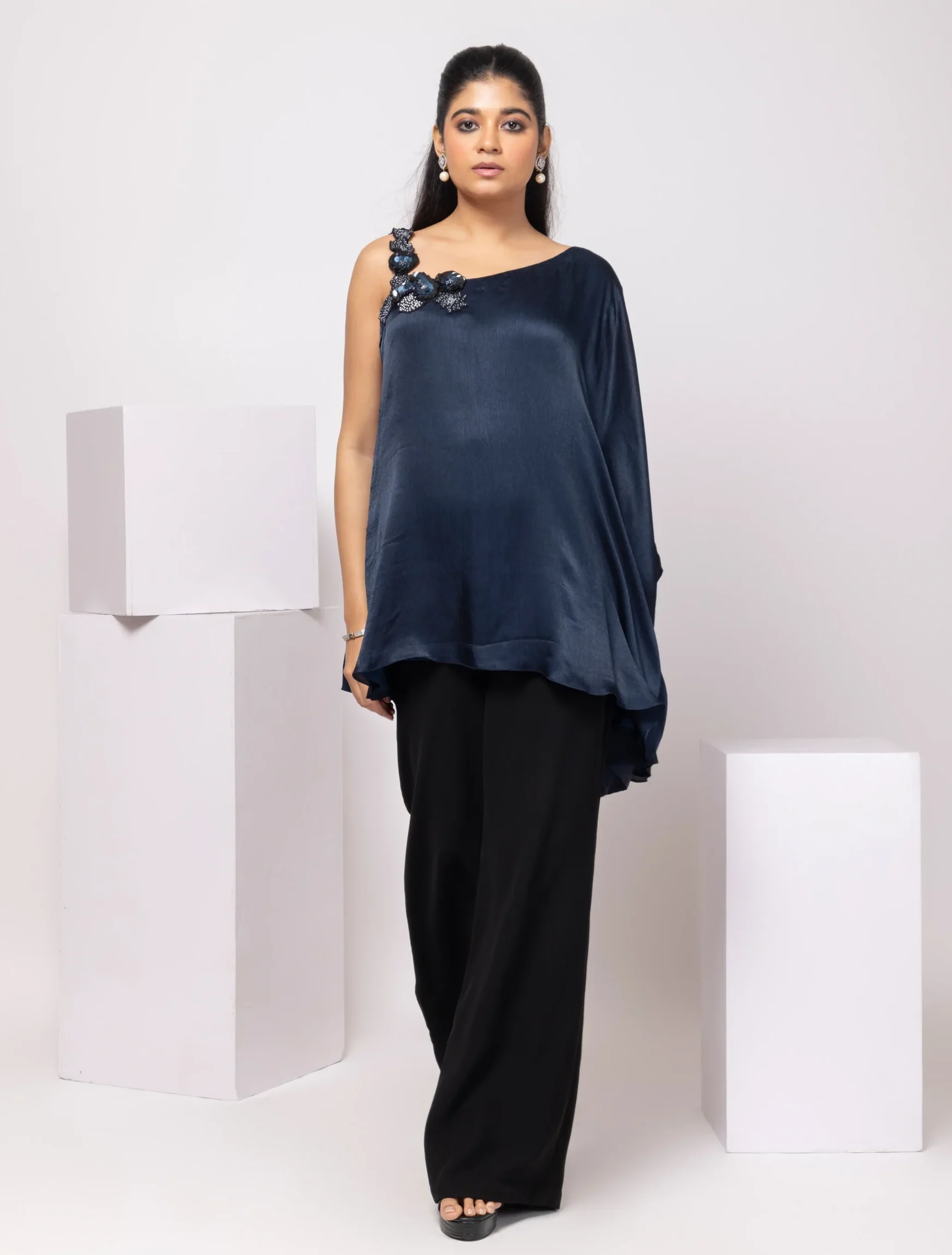 Navy One Shoulder Tunic with Black Wide Leg Trousers from Golden Muslin By Anuj Agarwal