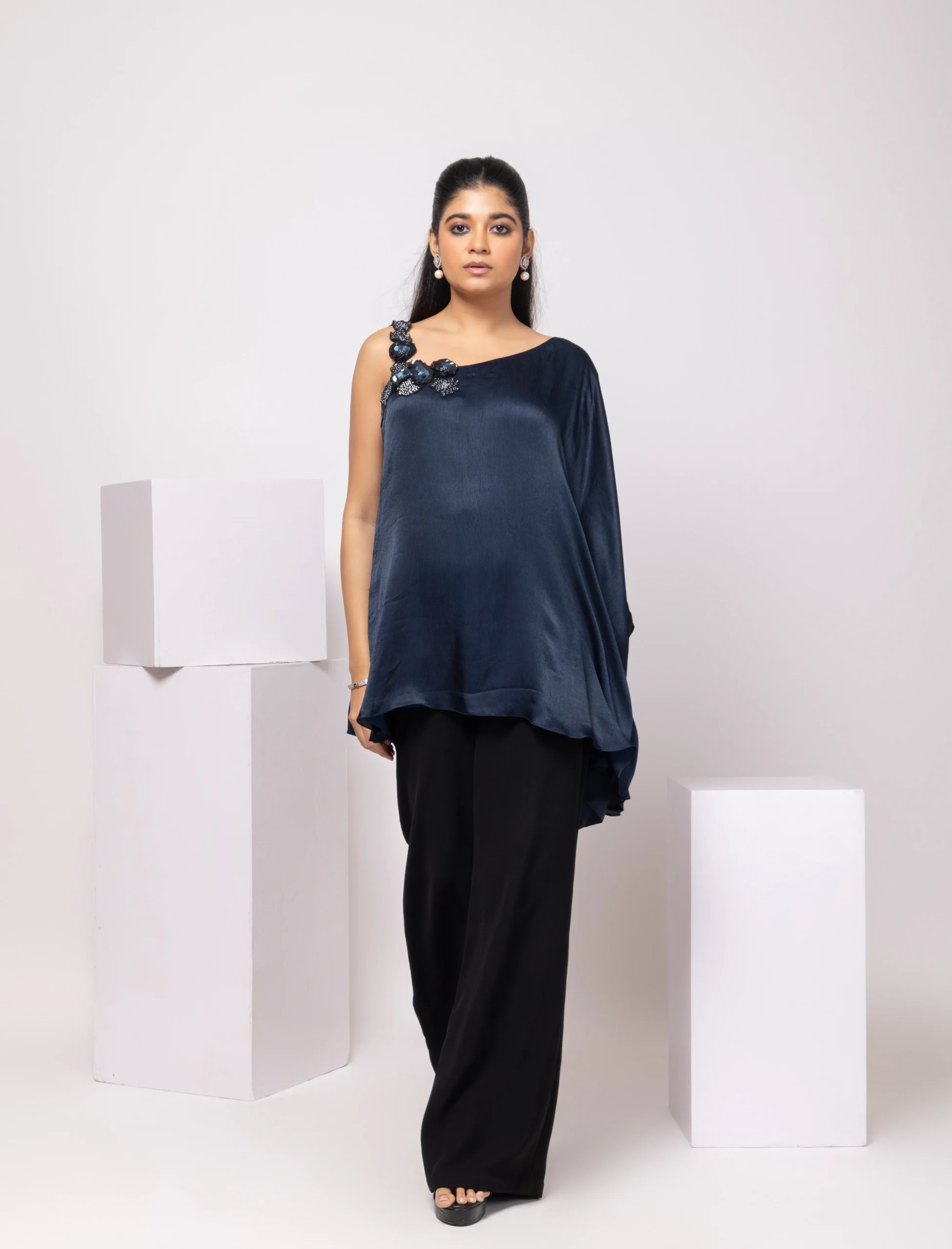 Navy One Shoulder Tunic with Black Wide Leg Trousers from Golden Muslin By Anuj Agarwal