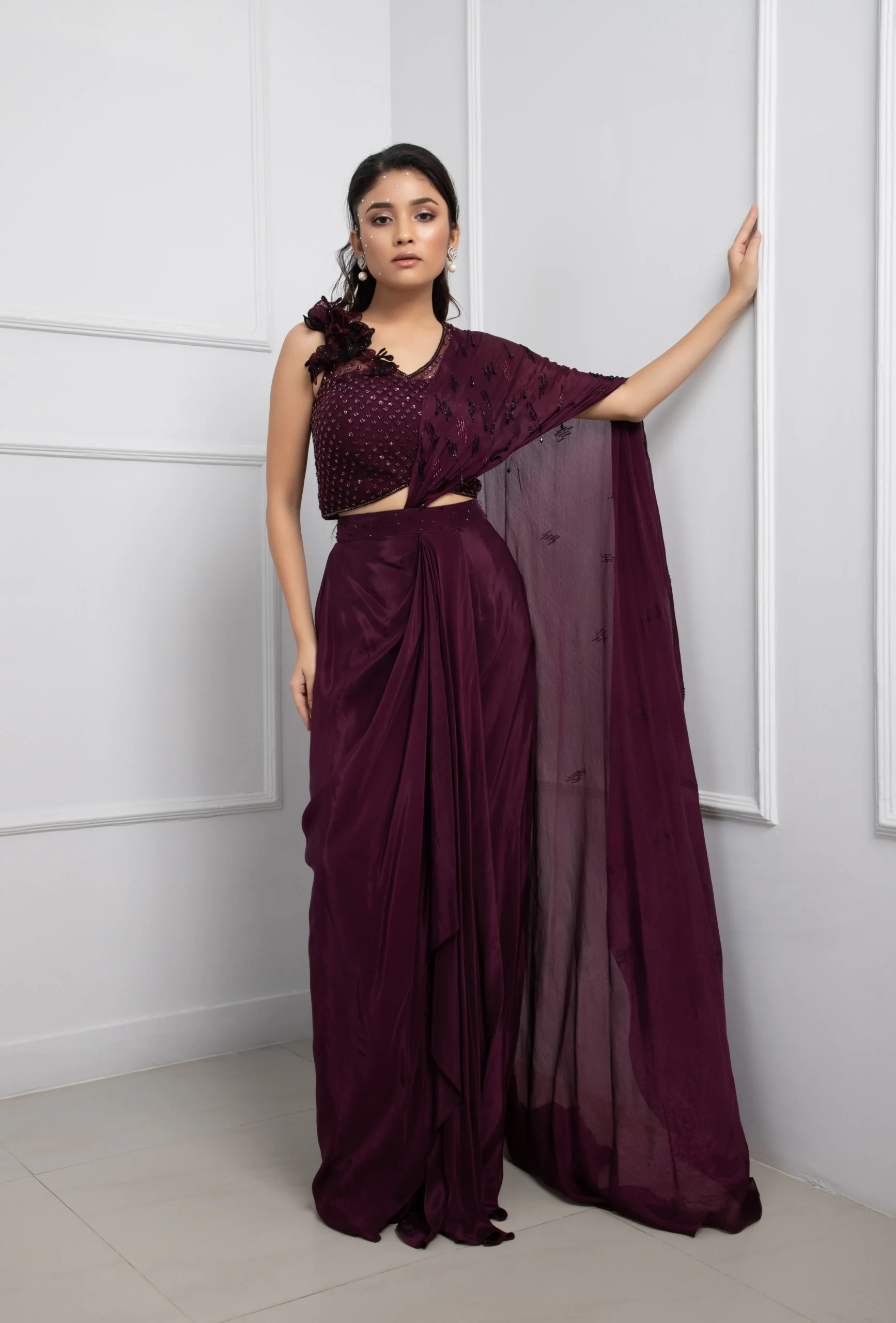 Purple Pre Draped Saree with Black Bead Sequin Work and 3D Floral Blouse from Golden Muslin By Anuj Agarwal