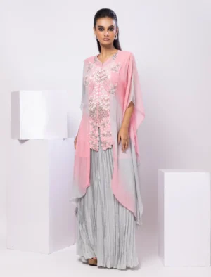 Pink Grey Embroidered Kaftan Skirt Set from Golden Muslin By Anuj Agarwal