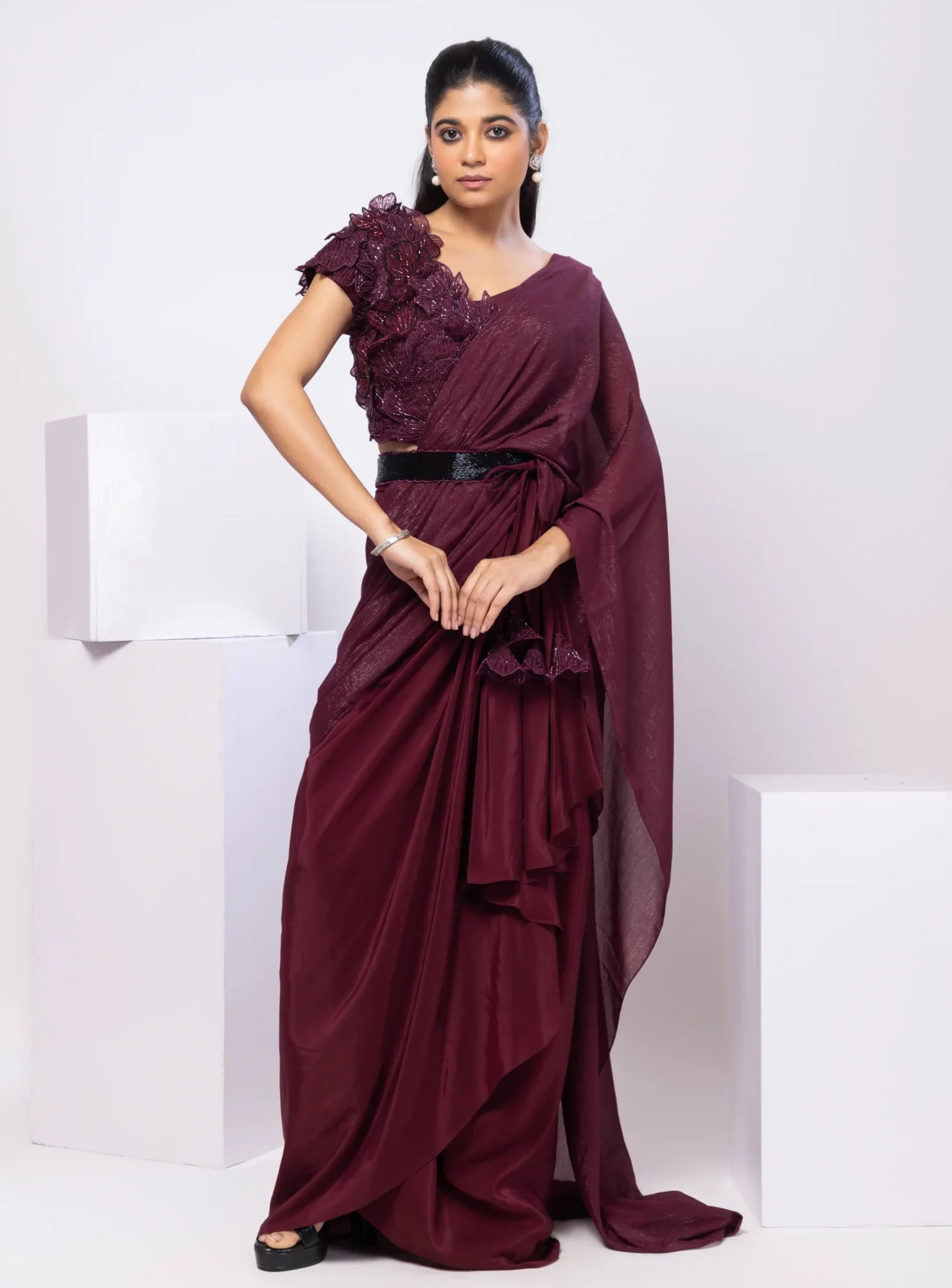 Wine Indo Western Drape Saree Set with 3D Floral Blouse from Golden Muslin By Anuj Agarwal