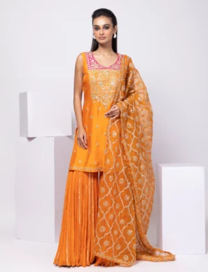 Golden Muslin Sunset Bloom Orange Embroidered Sharara Kurta Set with pleated sharara and sheer dupatta