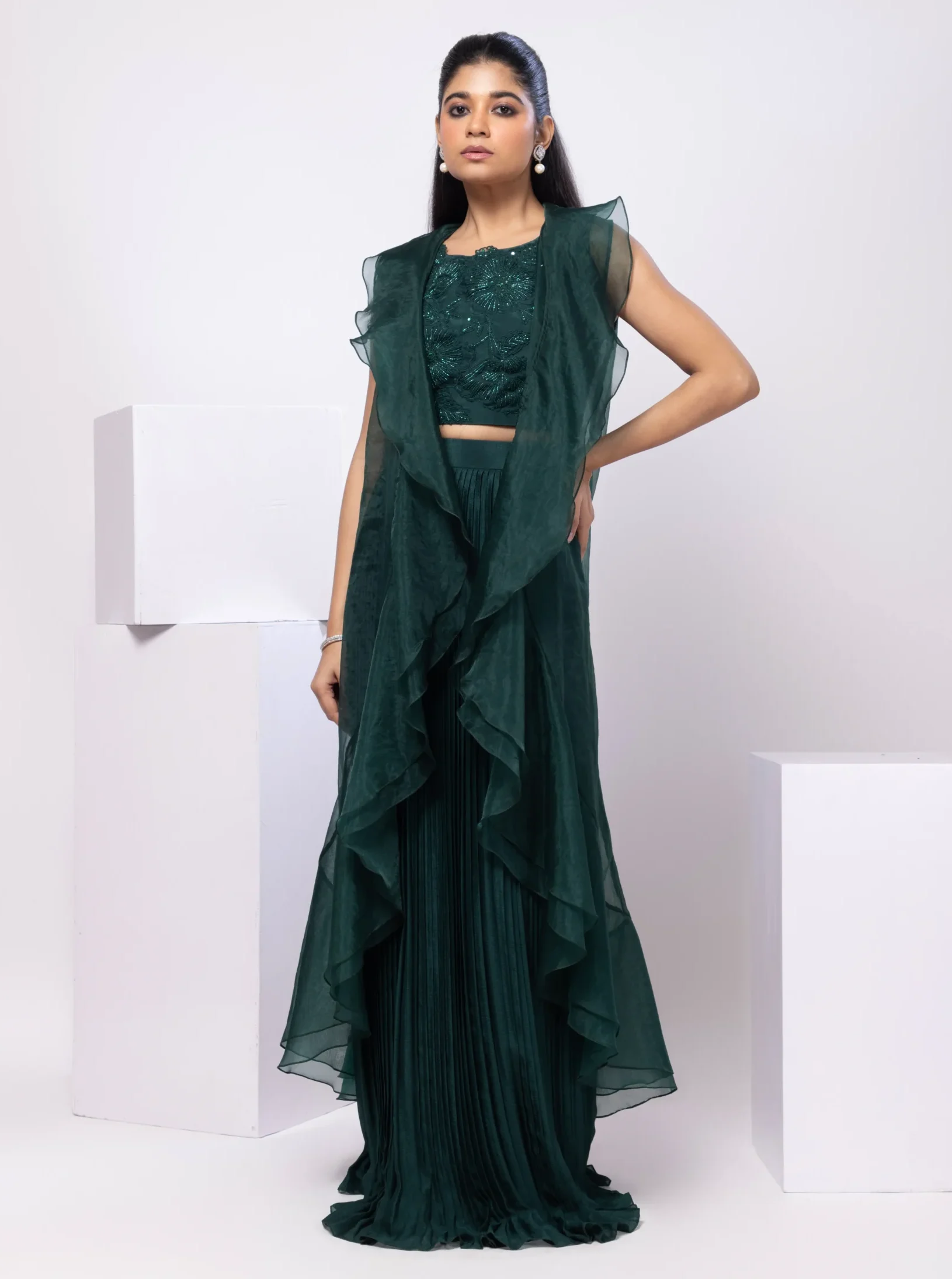 Emerald Green Embroidered Ruffle Jacket Skirt Set from Golden Muslin By Anuj Agarwal