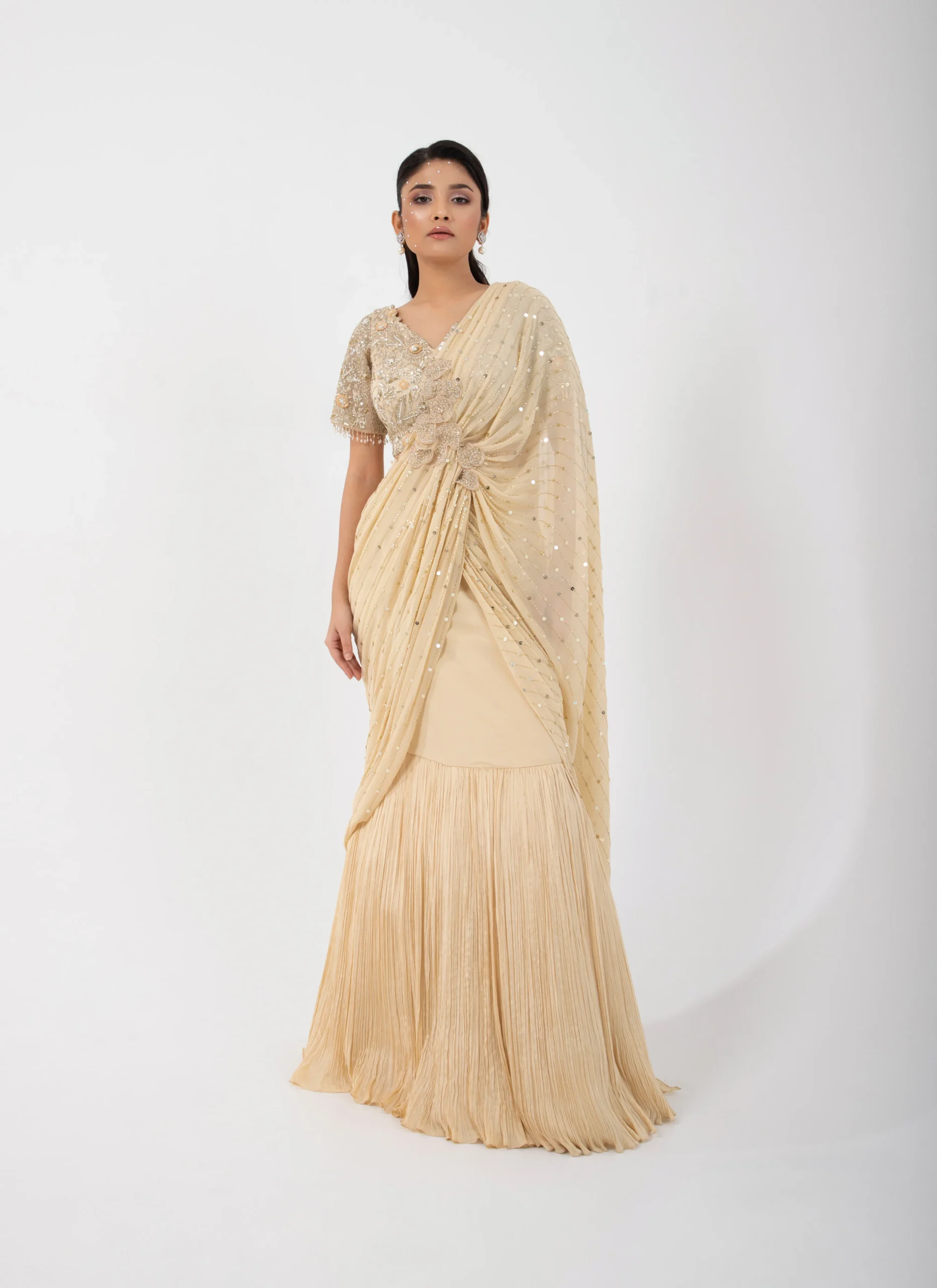 Gold Drape Saree Set with Sequin Palla and Embroidered Blouse from Golden Muslin By Anuj Agarwal