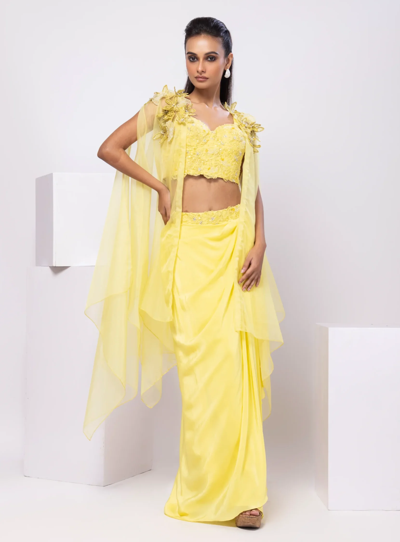 Lemon Yellow Applique Bustier Drape Skirt Set with Organza Cape from Golden Muslin By Anuj Agarwal
