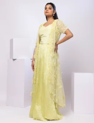 Lime Yellow Pearl Embellished Drape Skirt Set with Jacket from Golden Muslin By Anuj Agarwal