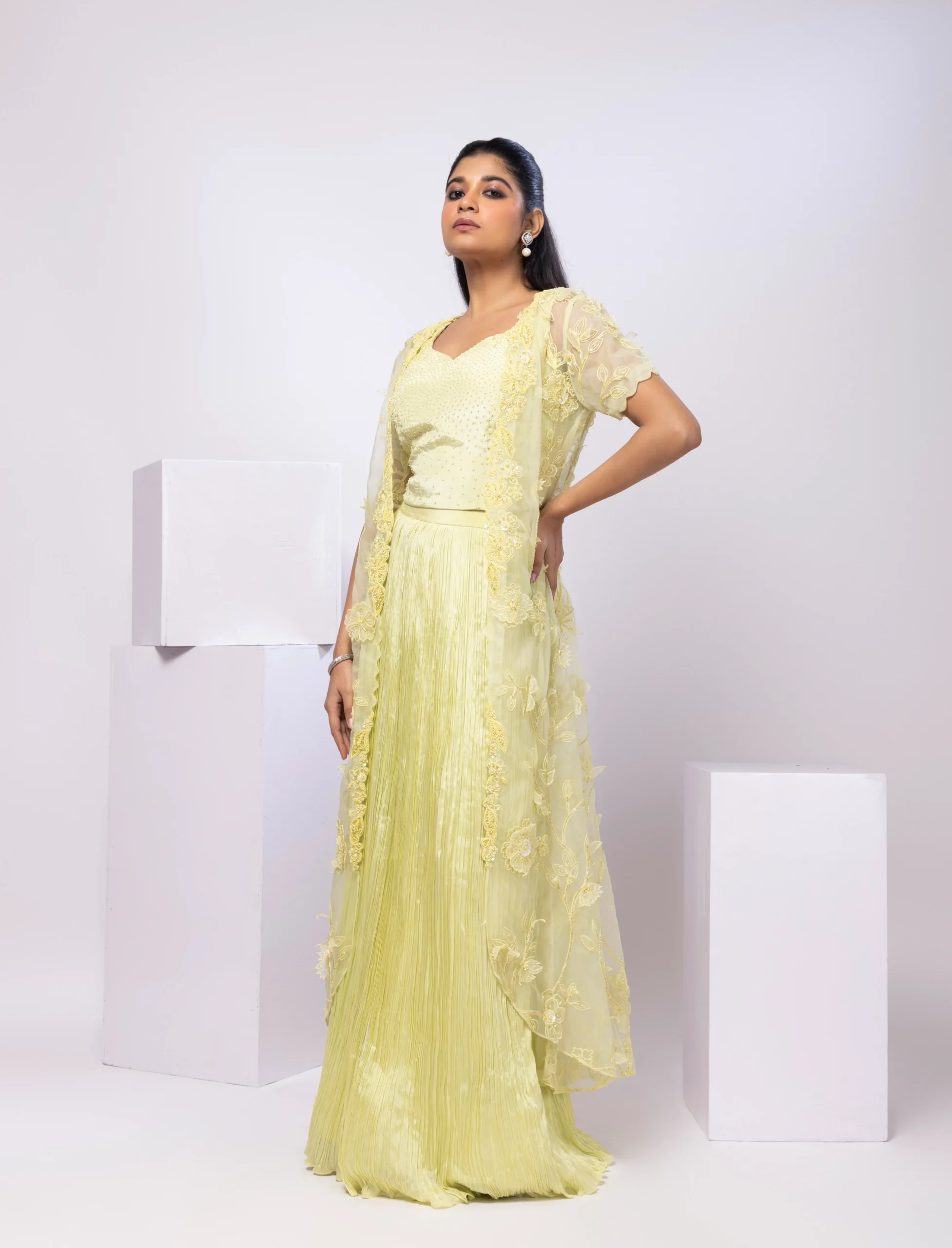 Lime Yellow Pearl Embellished Drape Skirt Set with Jacket from Golden Muslin By Anuj Agarwal
