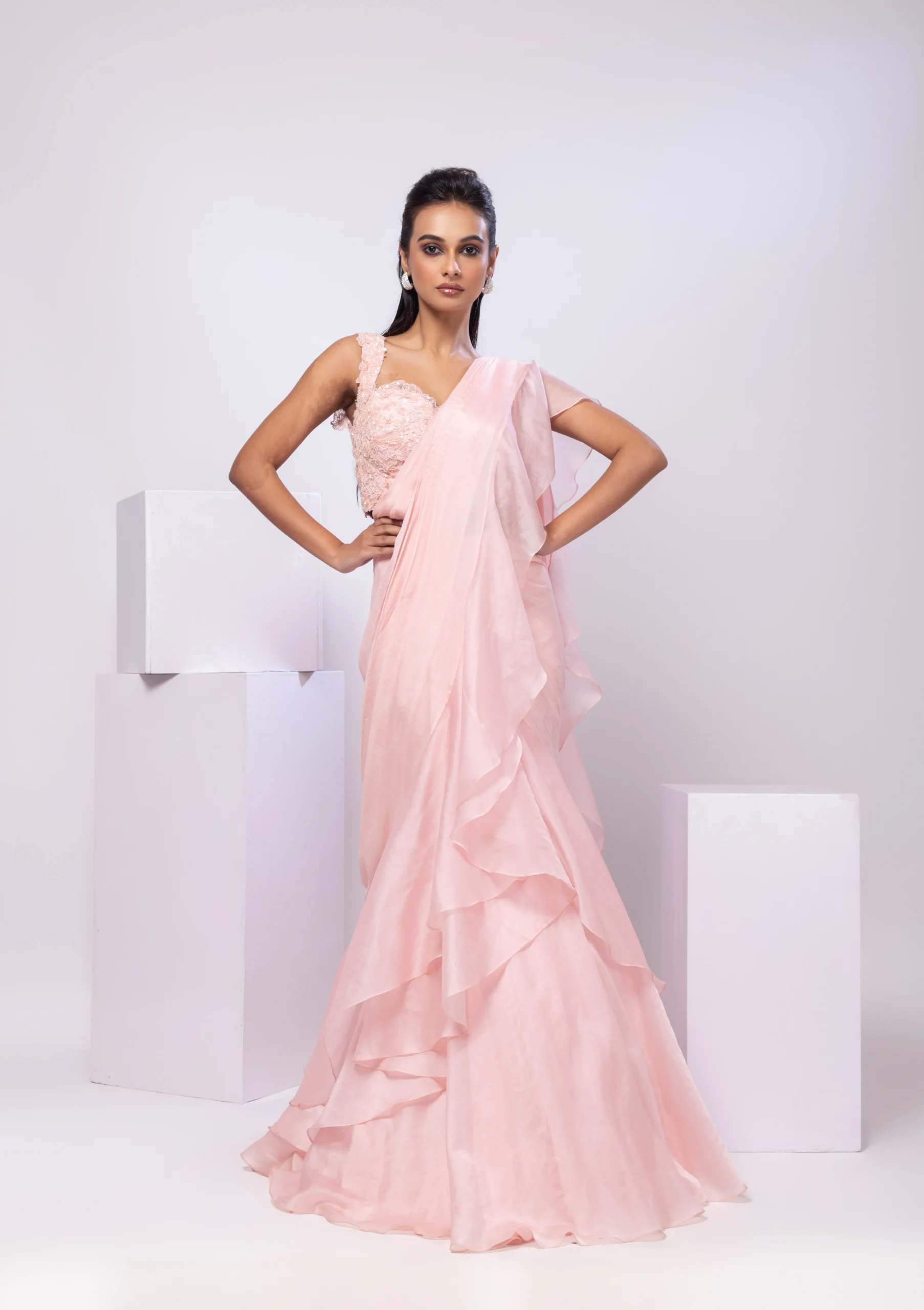 Baby Pink Drape Saree Set with Ruffle Skirt from Golden Muslin By Anuj Agarwal