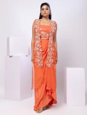 Embroidered Long Jacket Drape Skirt Set from Golden Muslin By Anuj Agarwal