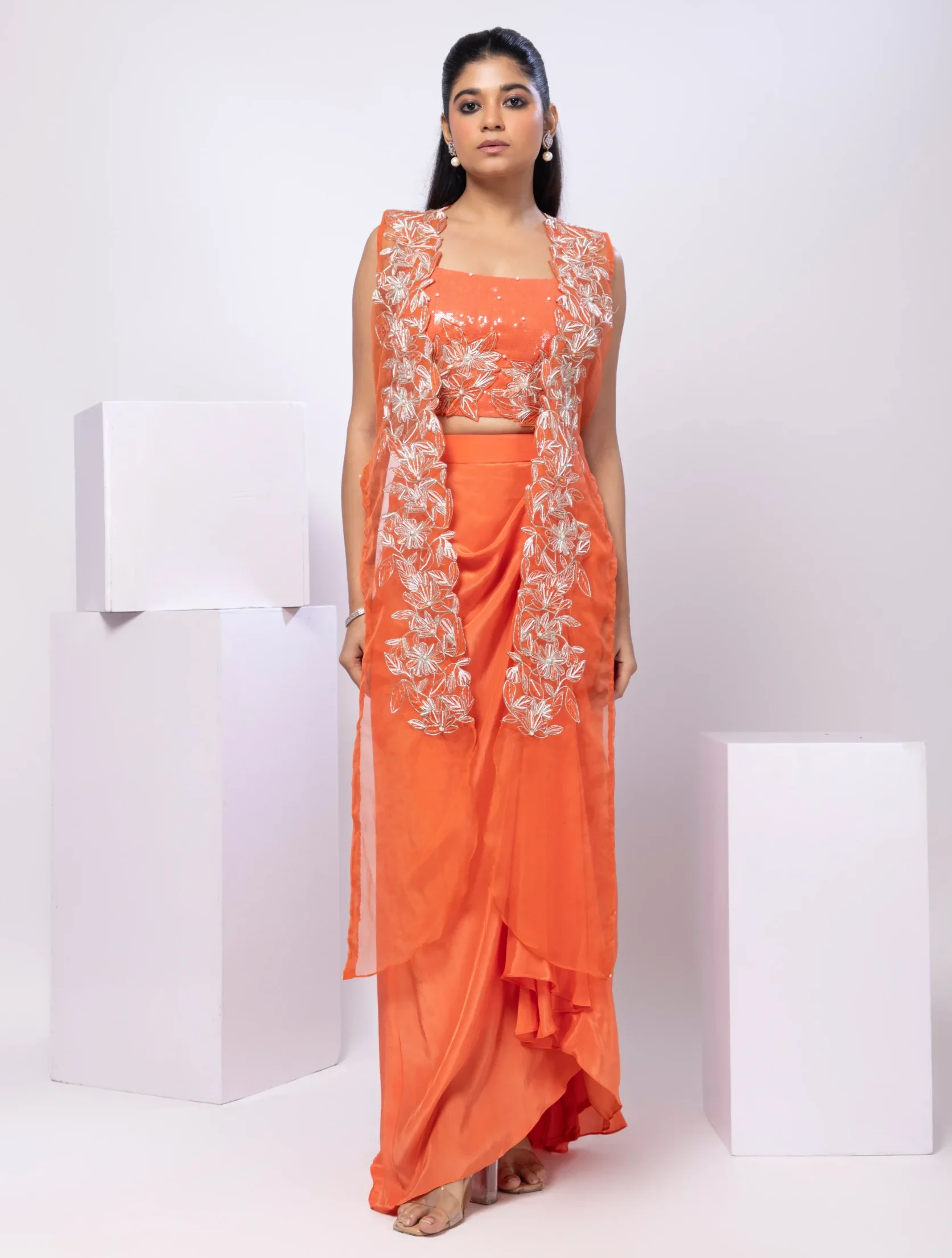 Embroidered Long Jacket Drape Skirt Set from Golden Muslin By Anuj Agarwal